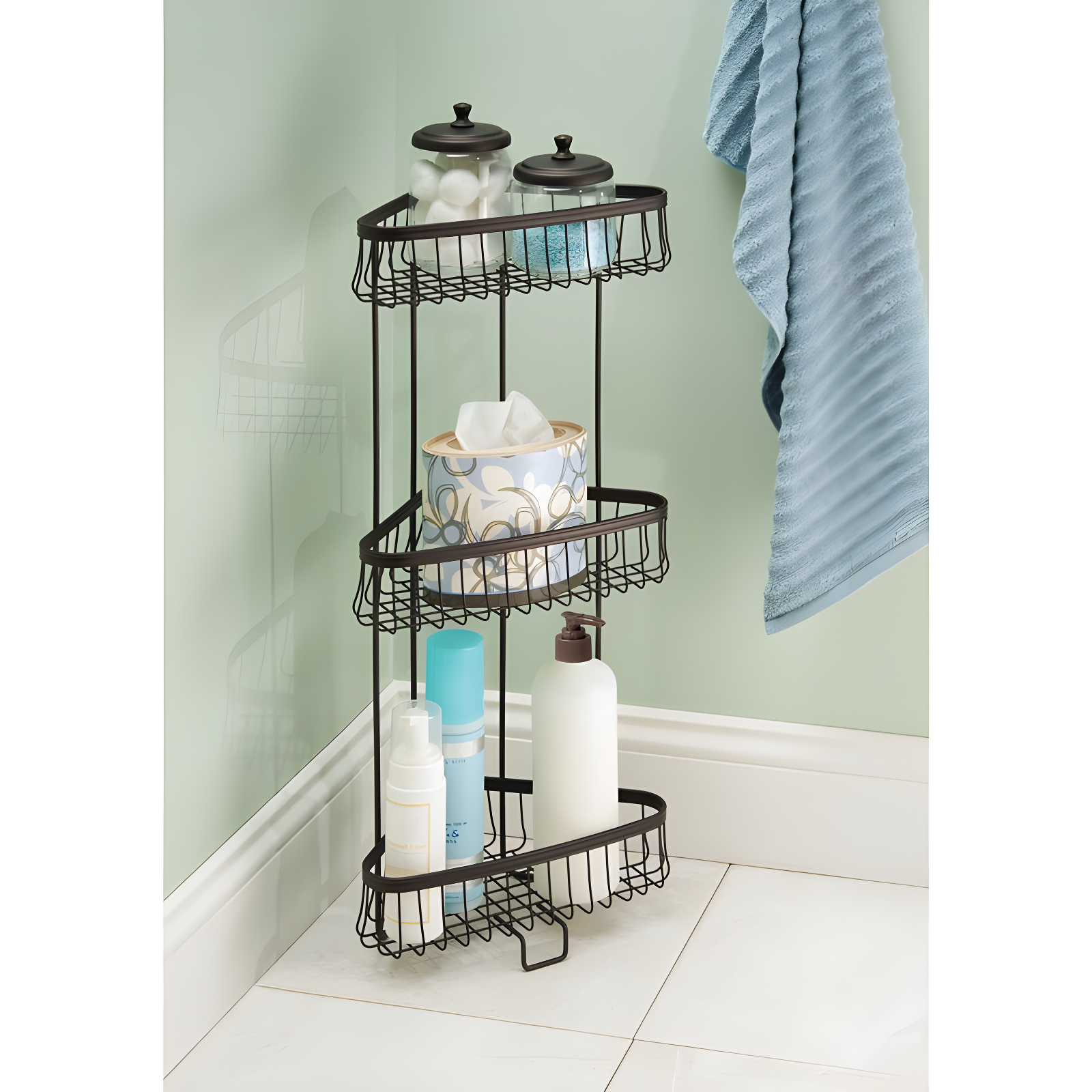 InterDesign iDesign York Metal Wire Corner Standing Shower Caddy 3-Tier Bath Shelf Baskets for Towels, Soap, Shampoo, Lotion, Accessories, Bronze