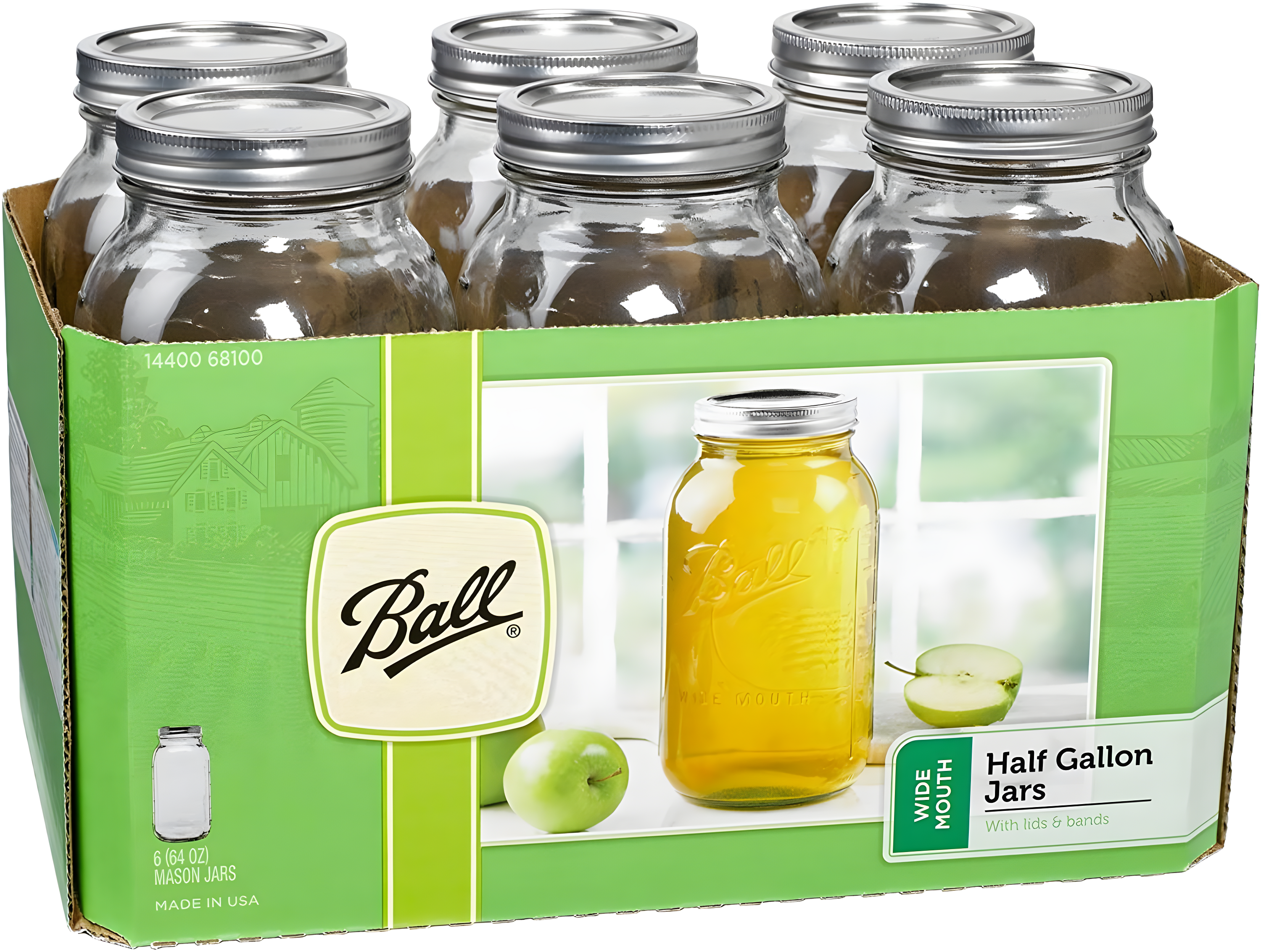 Ball 64oz 6pk Glass Wide Mouth Mason Jar with Lid and Band: Clear Canning Jars, Dishwasher-Safe, 4" Neck Diameter