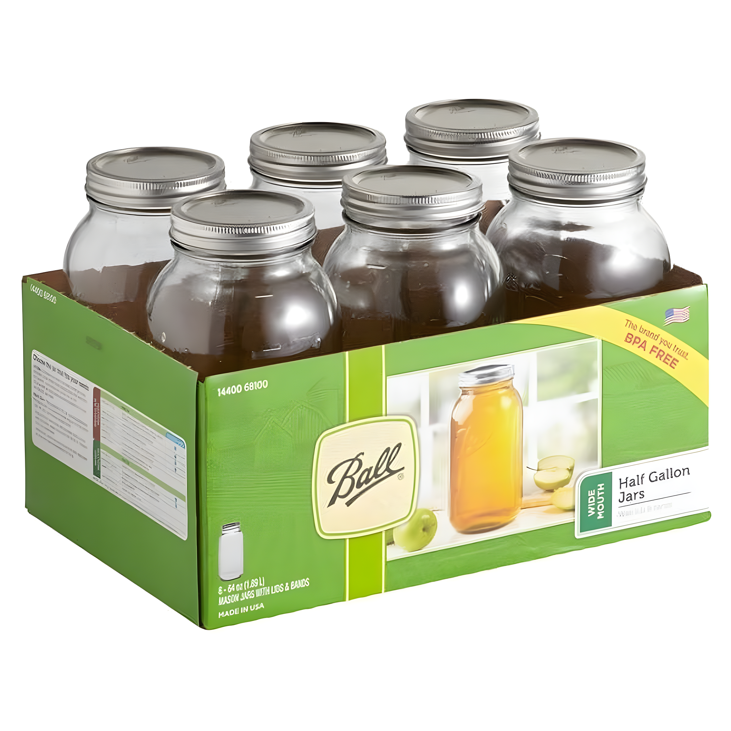 Ball 64oz 6pk Glass Wide Mouth Mason Jar with Lid and Band: Clear Canning Jars, Dishwasher-Safe, 4" Neck Diameter
