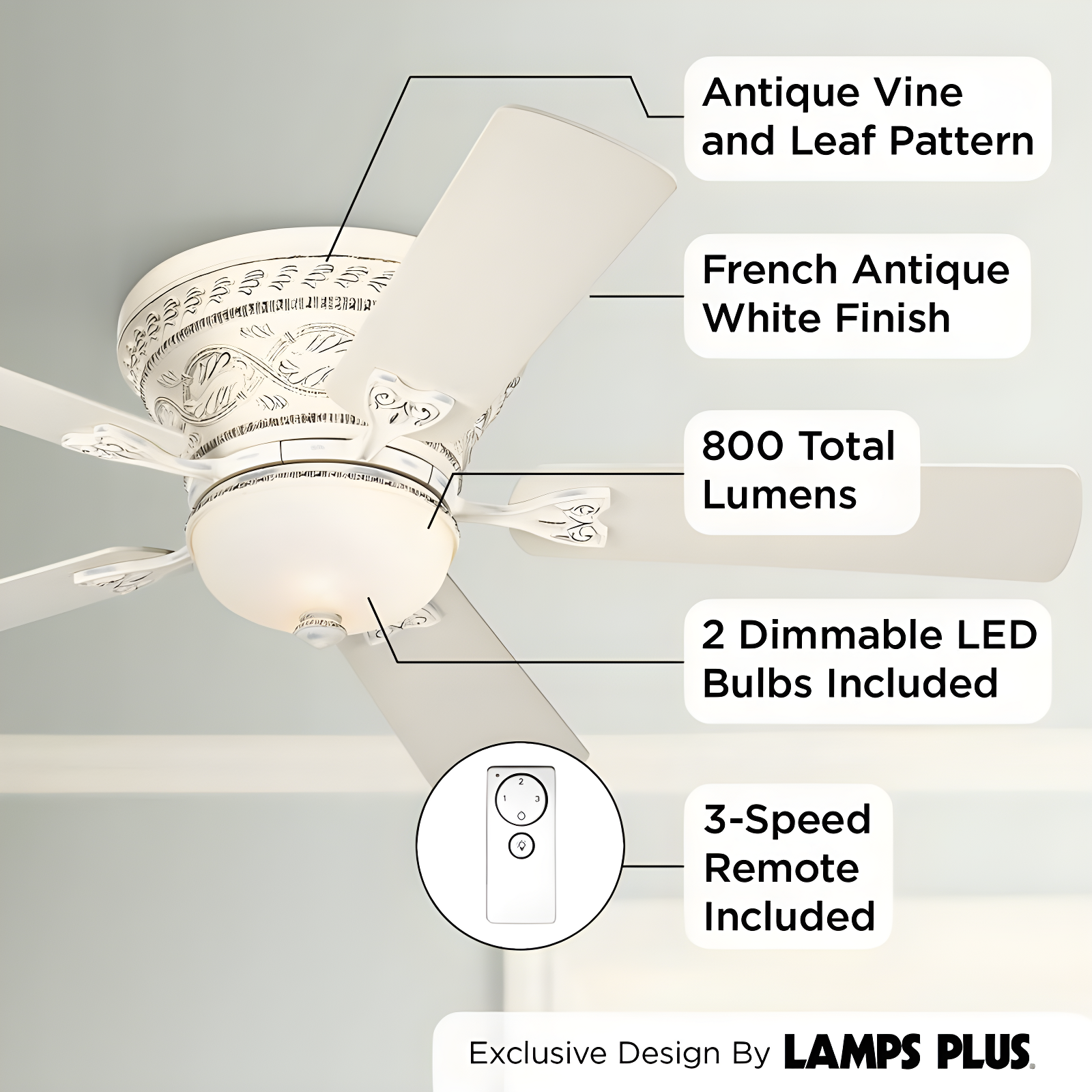 Casa Vieja 52" Ancestry Vintage Antique Indoor Ceiling Fan 5 Blade LED Light Remote Control French White Finish Bedroom Living Room Kitchen Hugger