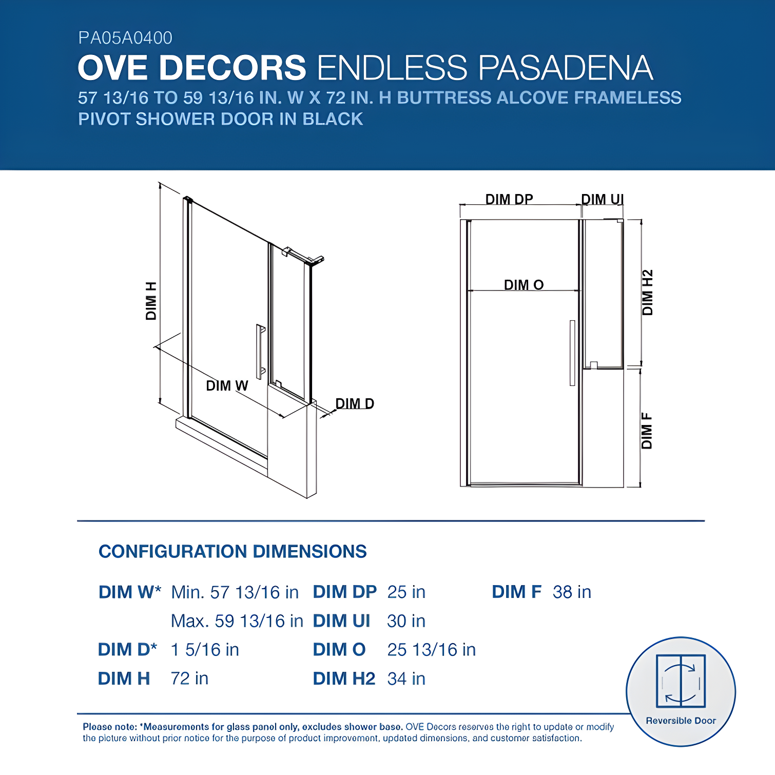Endless Pasadena 59" W x 72" H Buttress Alcove Shower Kit, Door, Panel