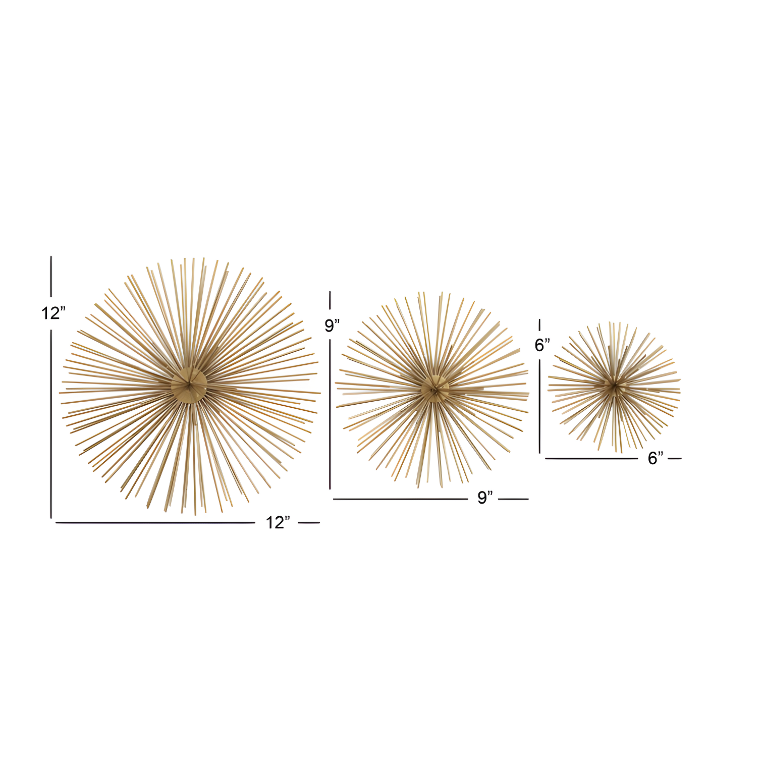 CosmoLiving by Cosmopolitan Gold Metal Starburst 3D Short Spike Home Wall Decor, Set of 3 6", 9", 12"W