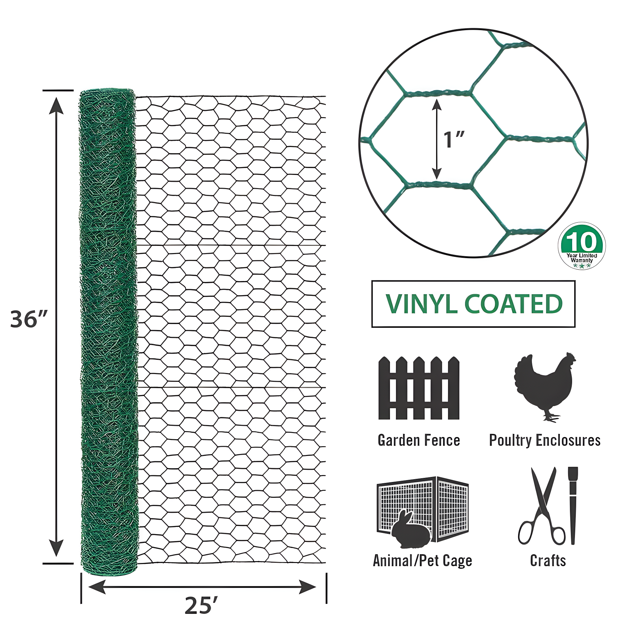36in x 25ft Galvanized Chicken Wire with 1in Openings