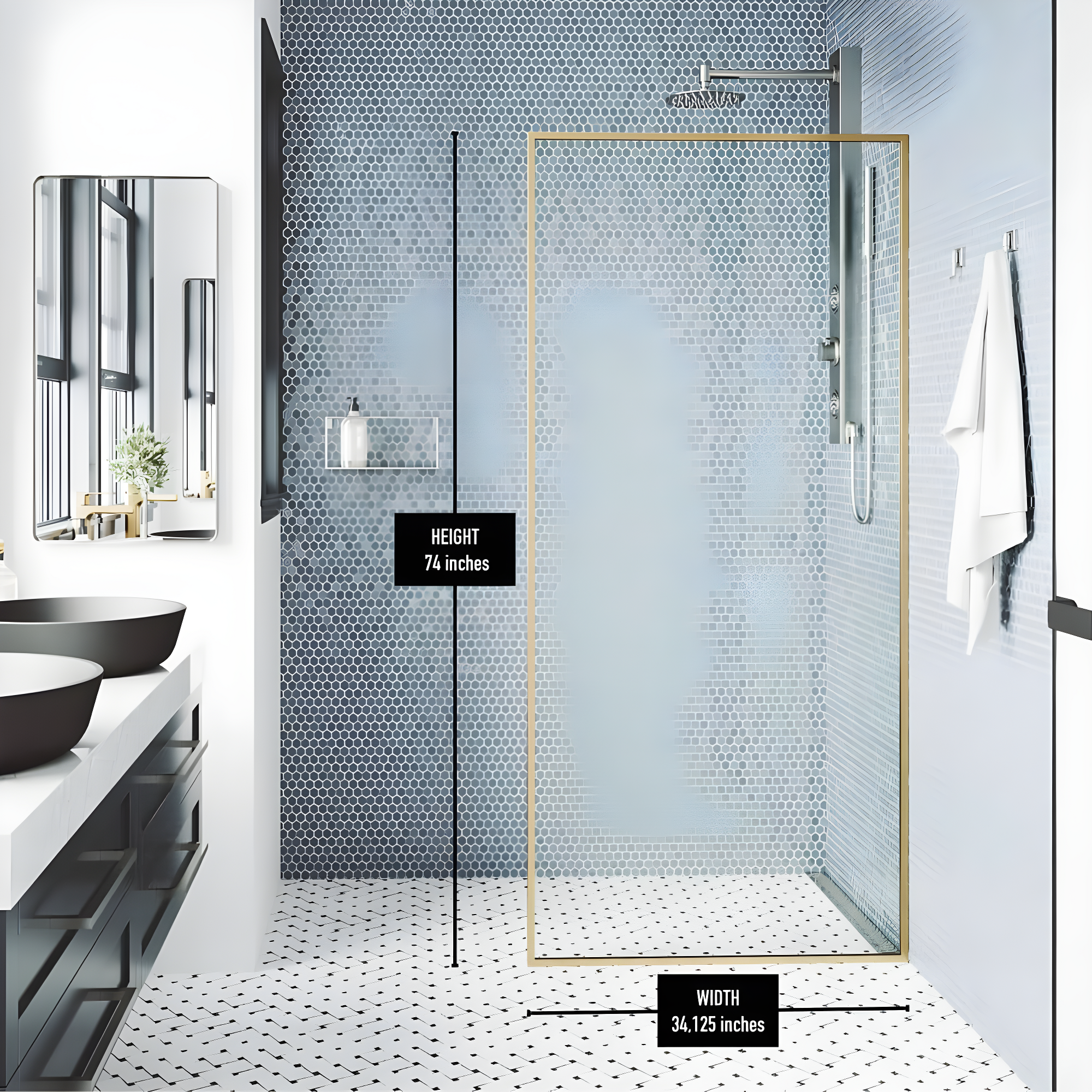 Meridian 34" W x 74" H Fixed Framed Shower Screen with 3/8" Glass