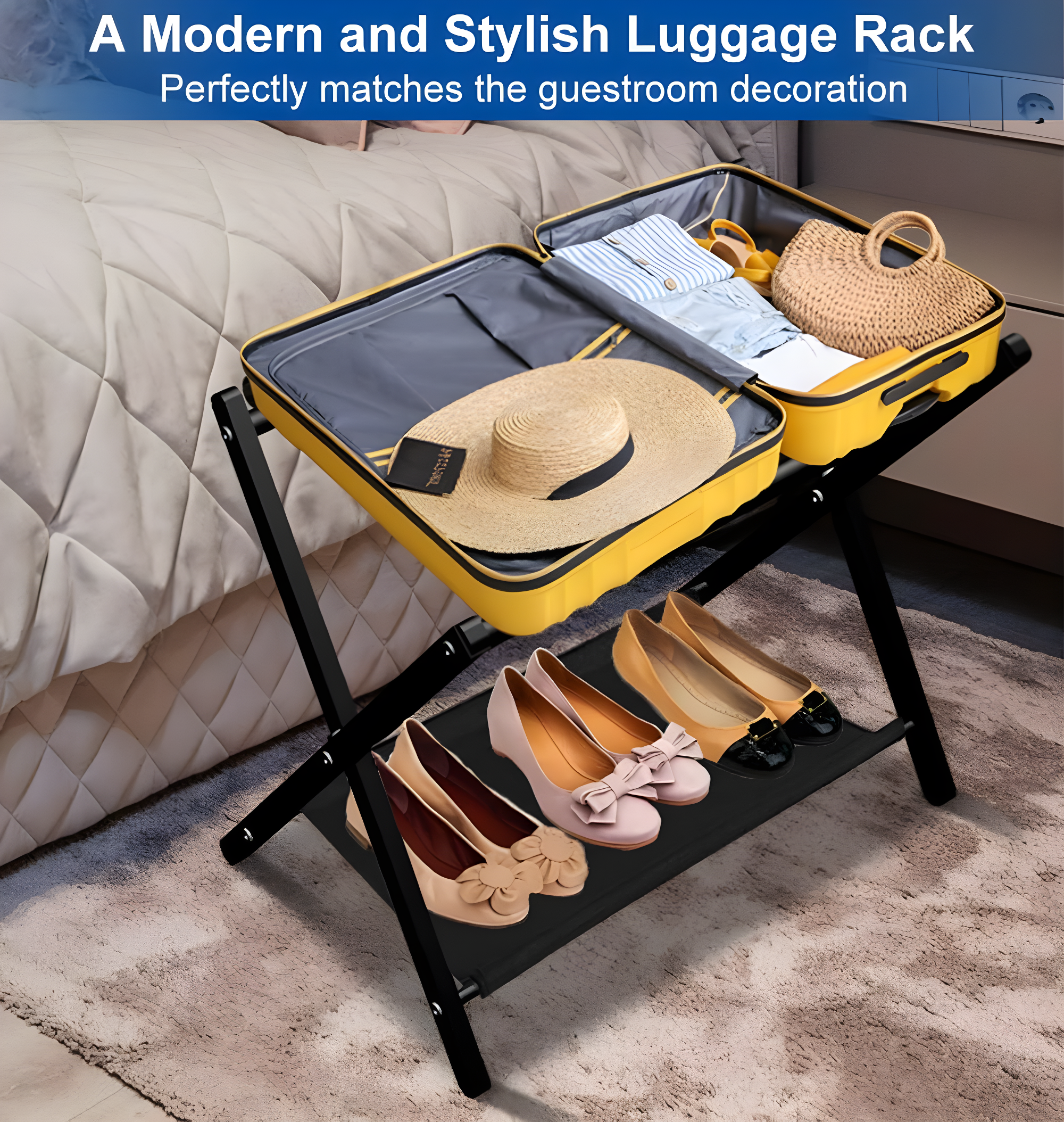 BINO Luggage Rack For Guest Room, Suitcase Stand With Storage Shelf, Steel Frame, Foldable For Easy Storage, Hotel, Bedroom, Black