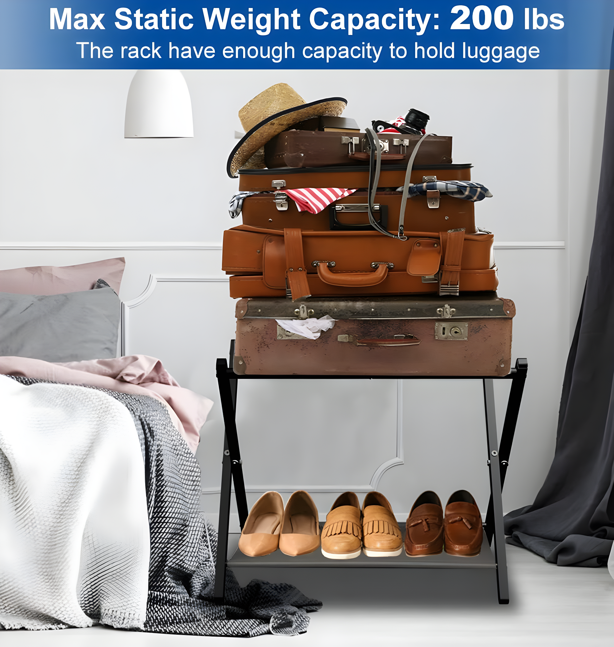 BINO Luggage Rack For Guest Room, Suitcase Stand With Storage Shelf, Steel Frame, Foldable For Easy Storage, Hotel, Bedroom, Black