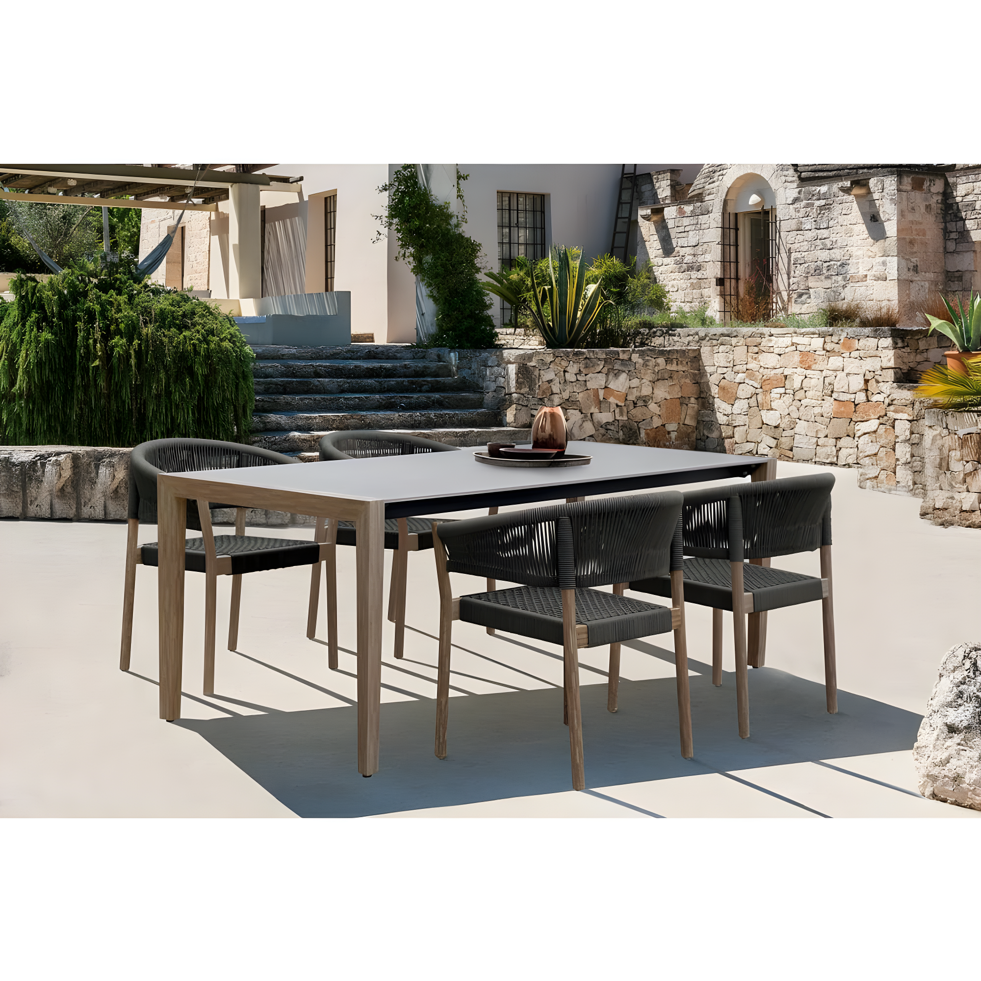 Doris Indoor Outdoor Dining Chair in Light Eucalyptus Wood with Charcoal Rope - Set of 2