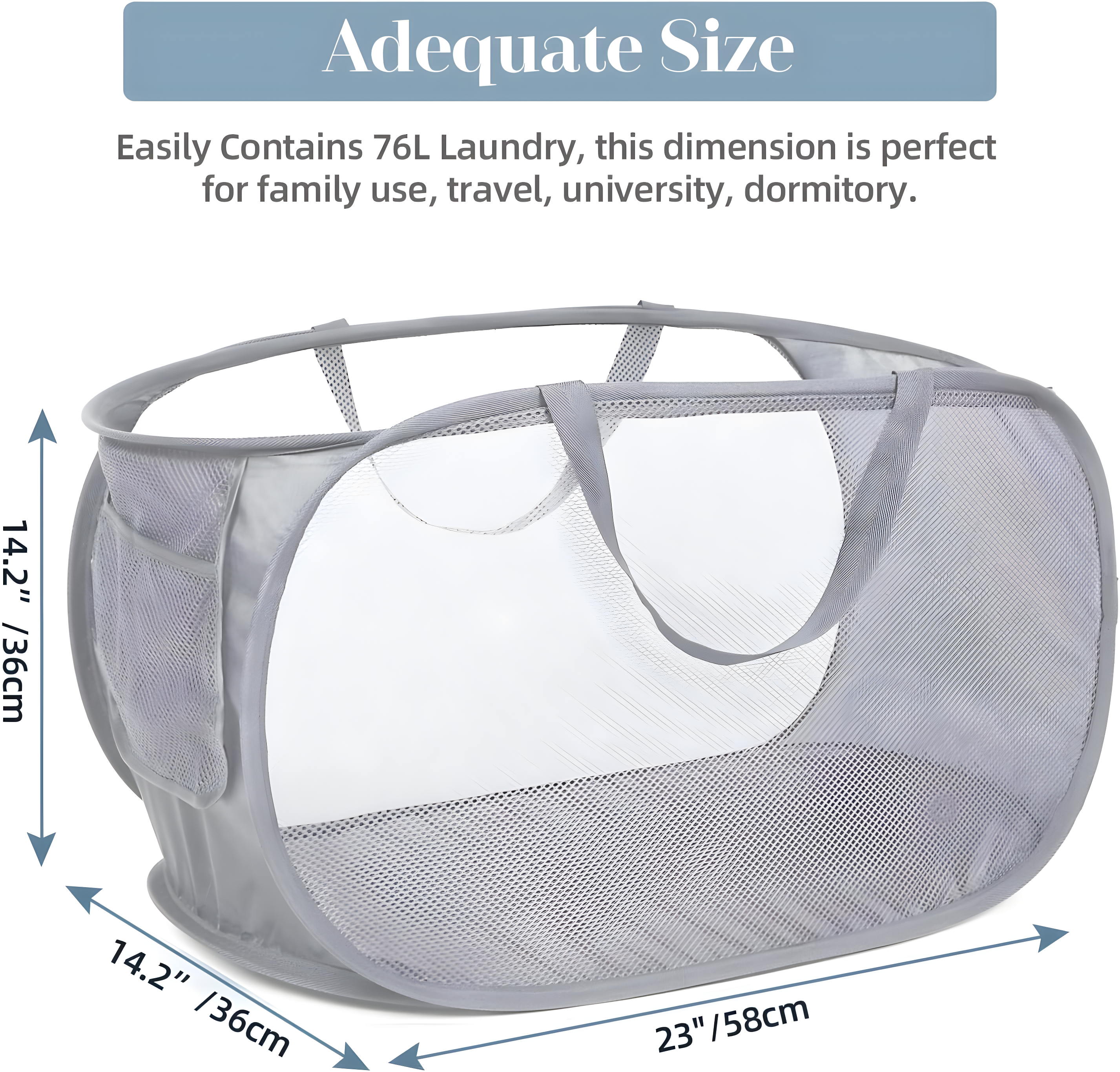 Durable Collapsible Laundry Baskets, Mesh Pop Up Laundry Hamper with Side Pocket, Foldable Clothes Storage Hamper with Reinforced Carry Handles for Laundry, Bathroom, Kids Room, Dorm or Travel Grey