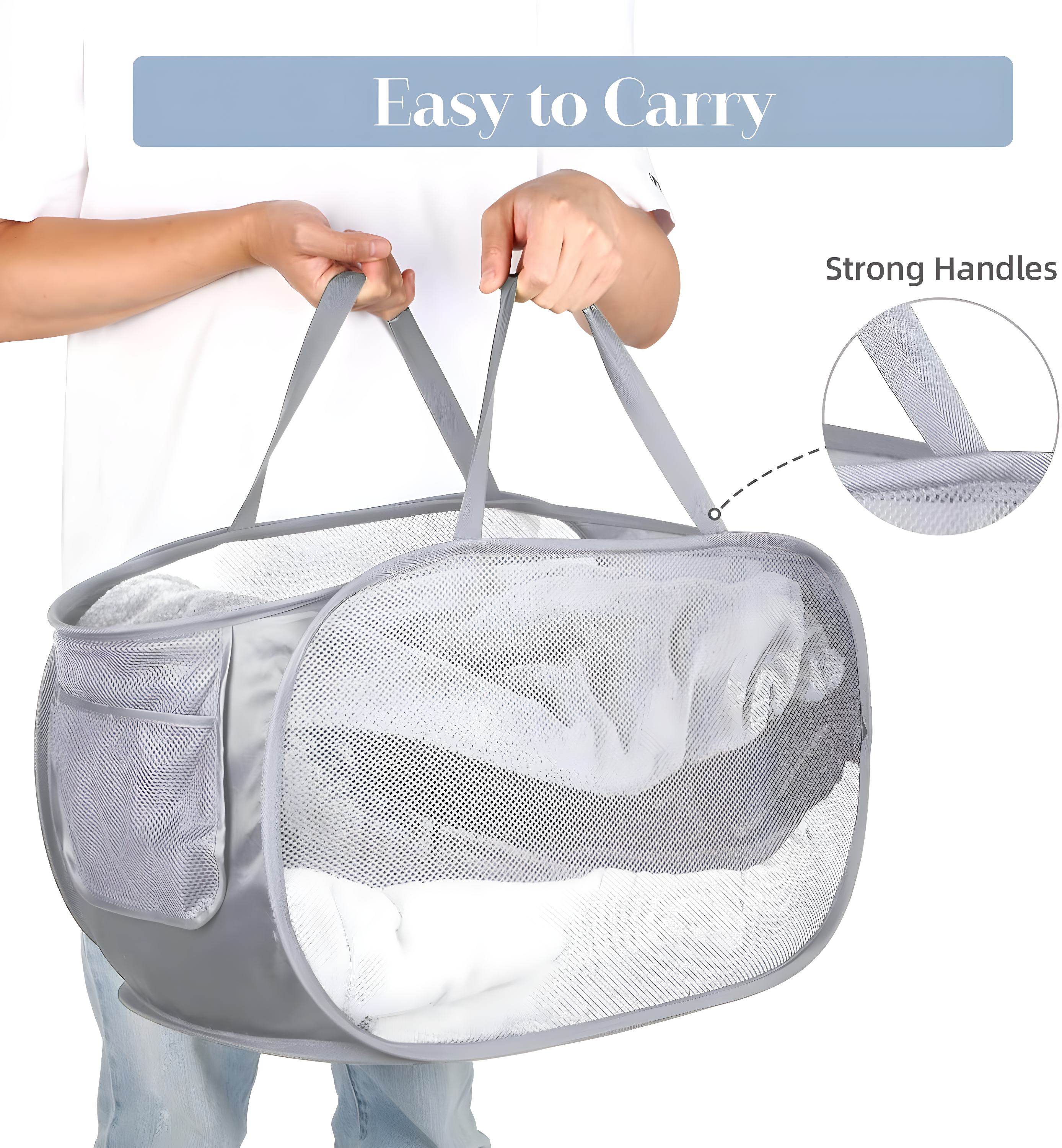 Durable Collapsible Laundry Baskets, Mesh Pop Up Laundry Hamper with Side Pocket, Foldable Clothes Storage Hamper with Reinforced Carry Handles for Laundry, Bathroom, Kids Room, Dorm or Travel Grey