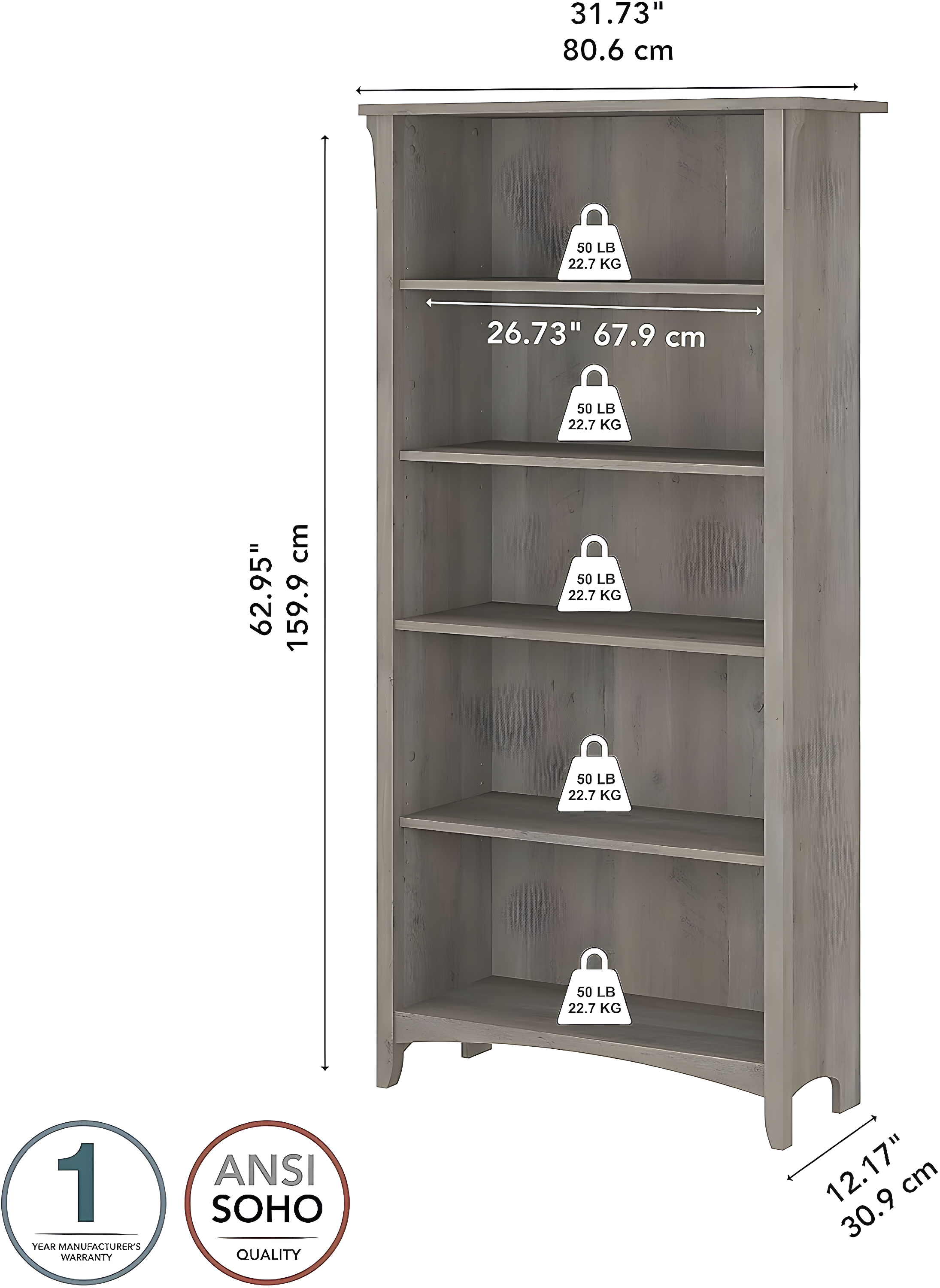 Khadesha 5 Shelf 63" Standard Bookcase