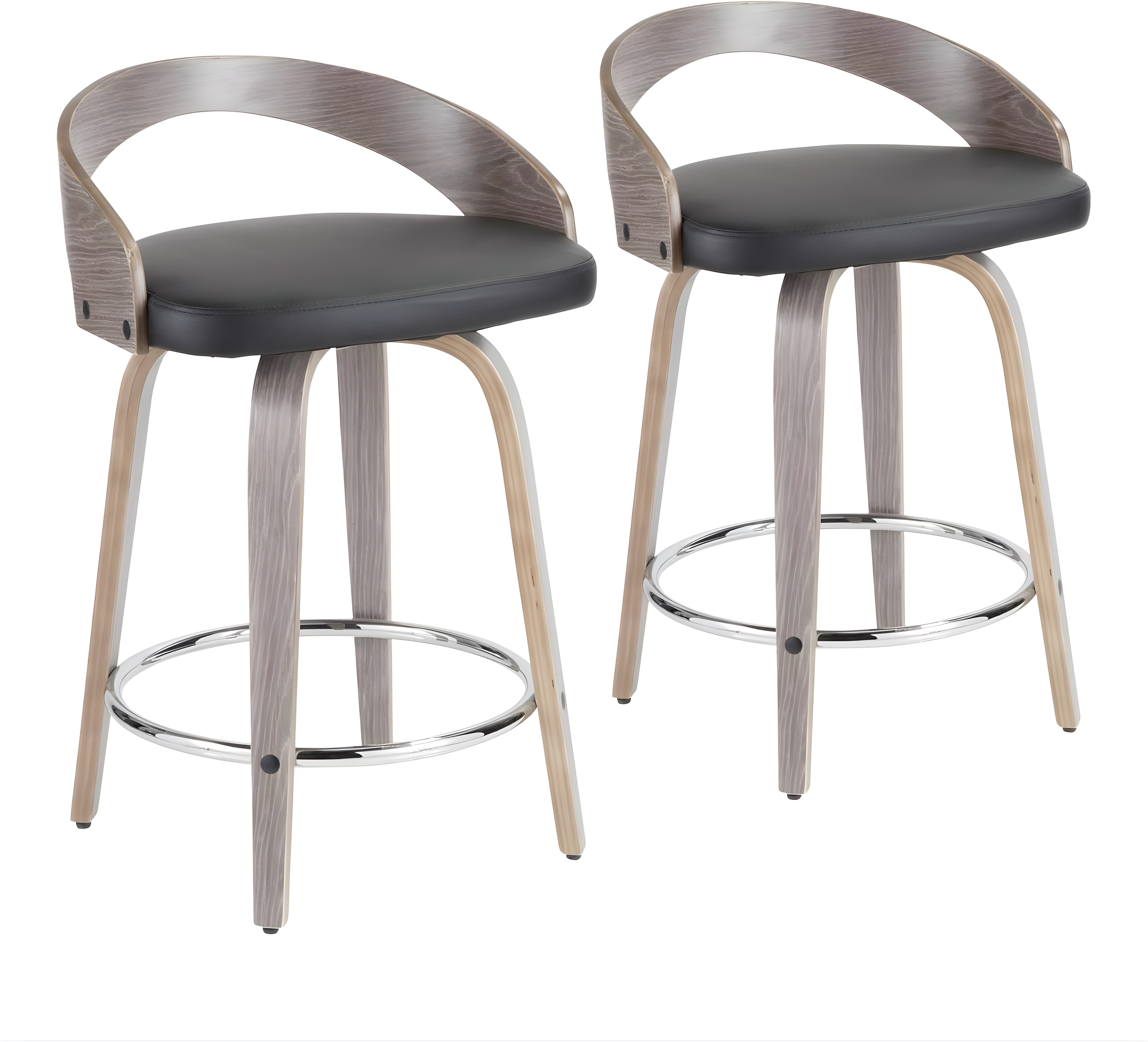 Grotto Mid-Century Modern Counter Stool with Light Grey Wood and Black Faux Leather by LumiSource - Set of 2