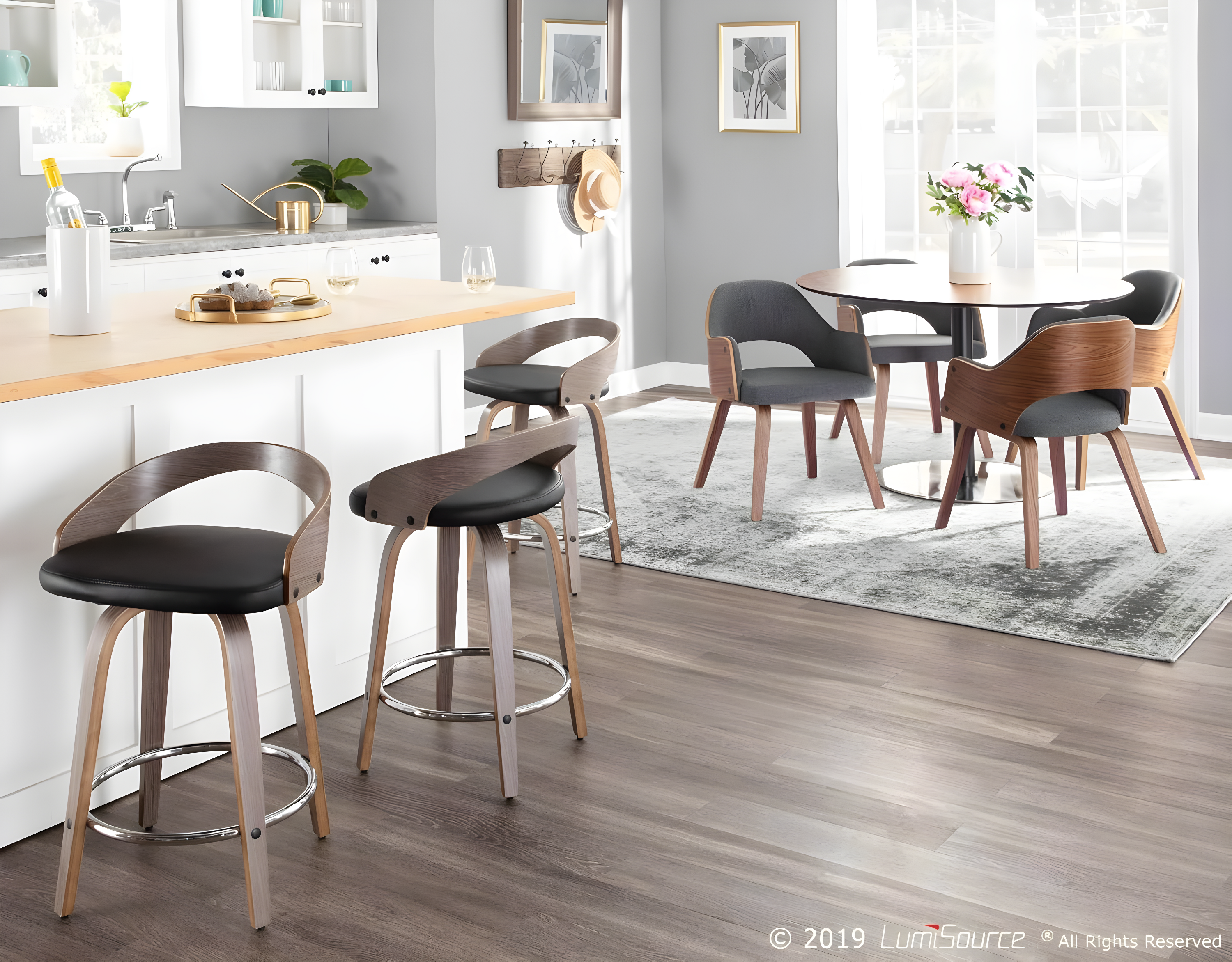 Grotto Mid-Century Modern Counter Stool with Light Grey Wood and Black Faux Leather by LumiSource - Set of 2