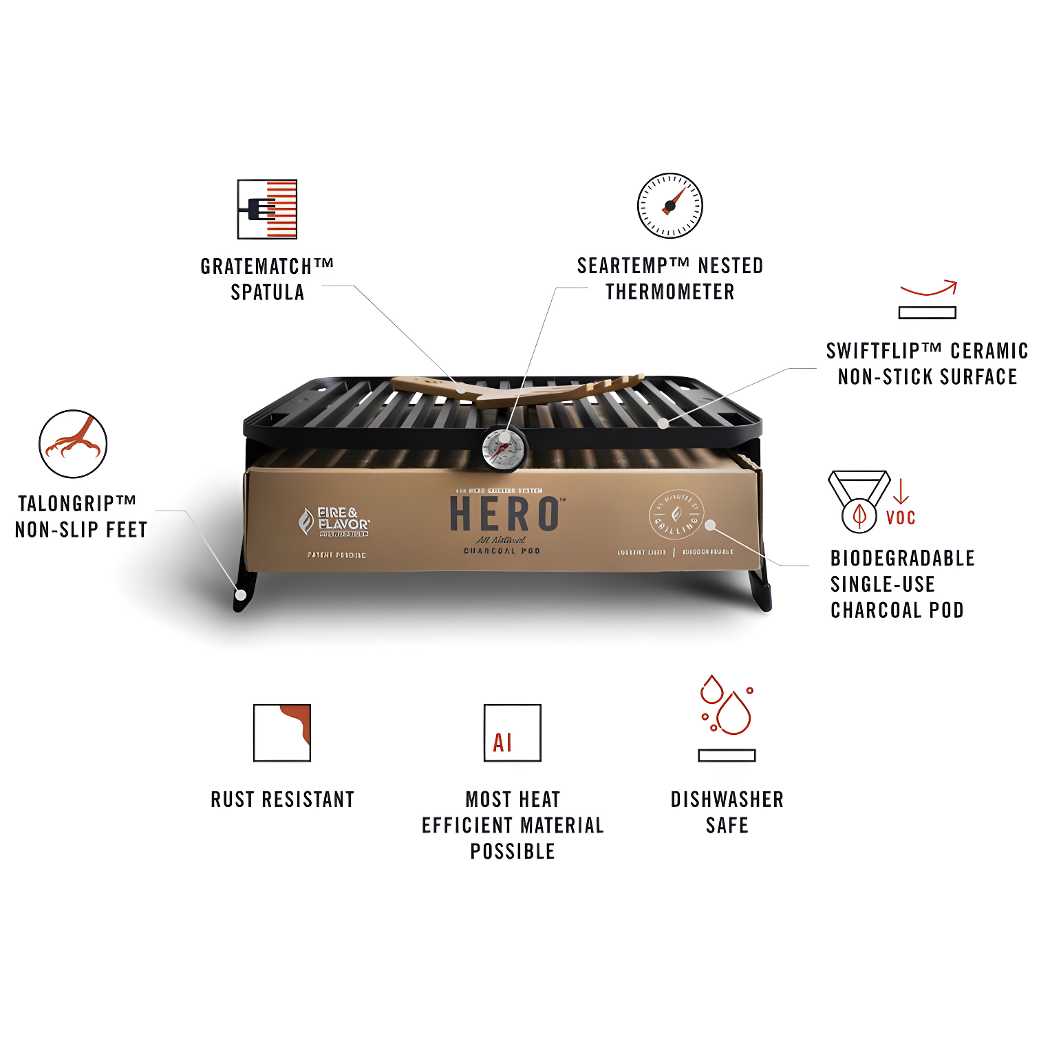 Fire & Flavor HERO Grill Kit Ultra-Portable Easy Instant Light Charcoal Grilling for Tailgating