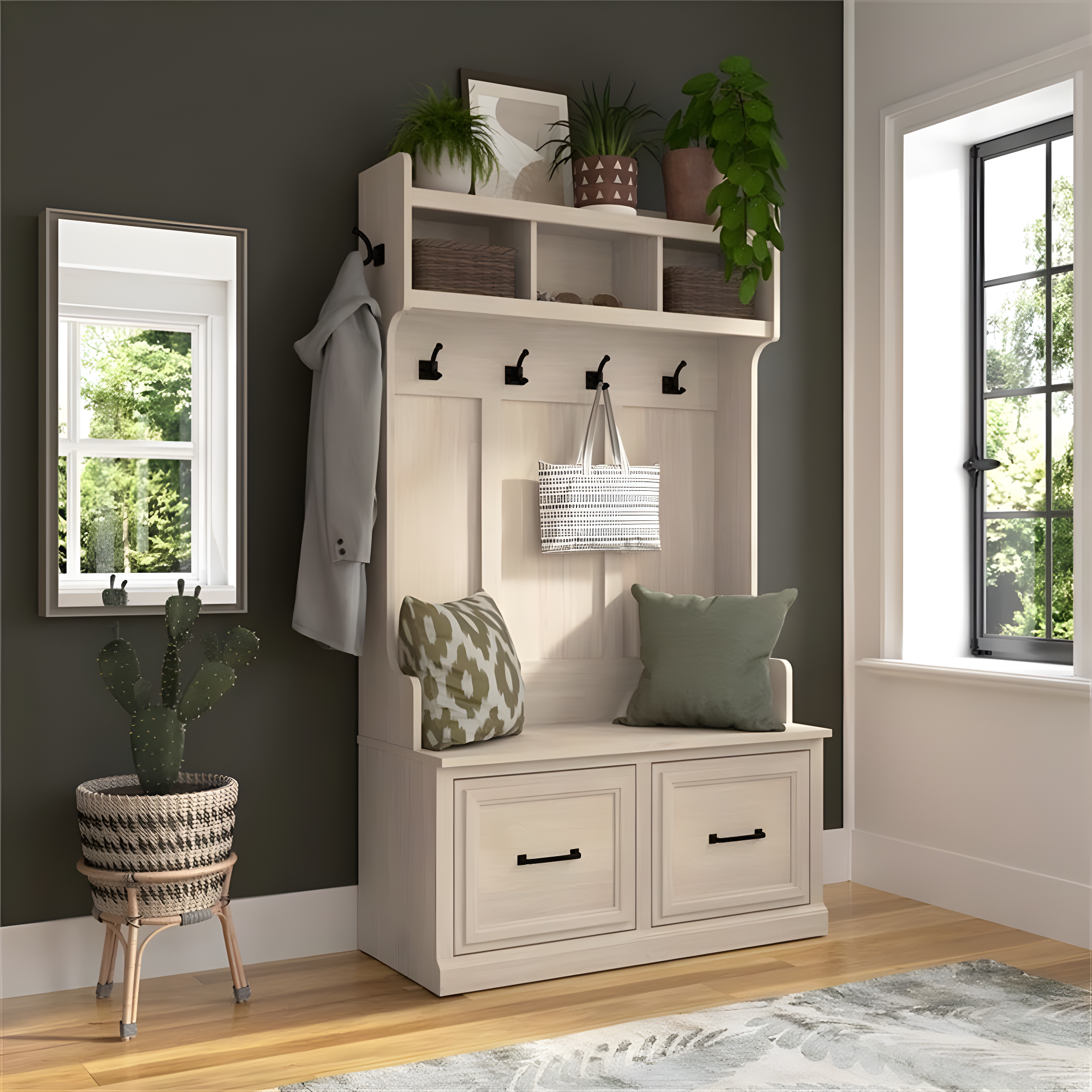 Woodland 40W Hall Tree and Shoe Bench w/ Doors in White Maple - Engineered Wood