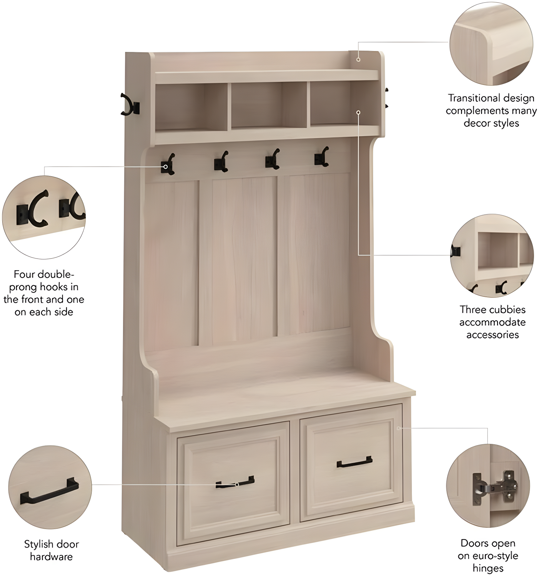 Woodland 40W Hall Tree and Shoe Bench w/ Doors in White Maple - Engineered Wood