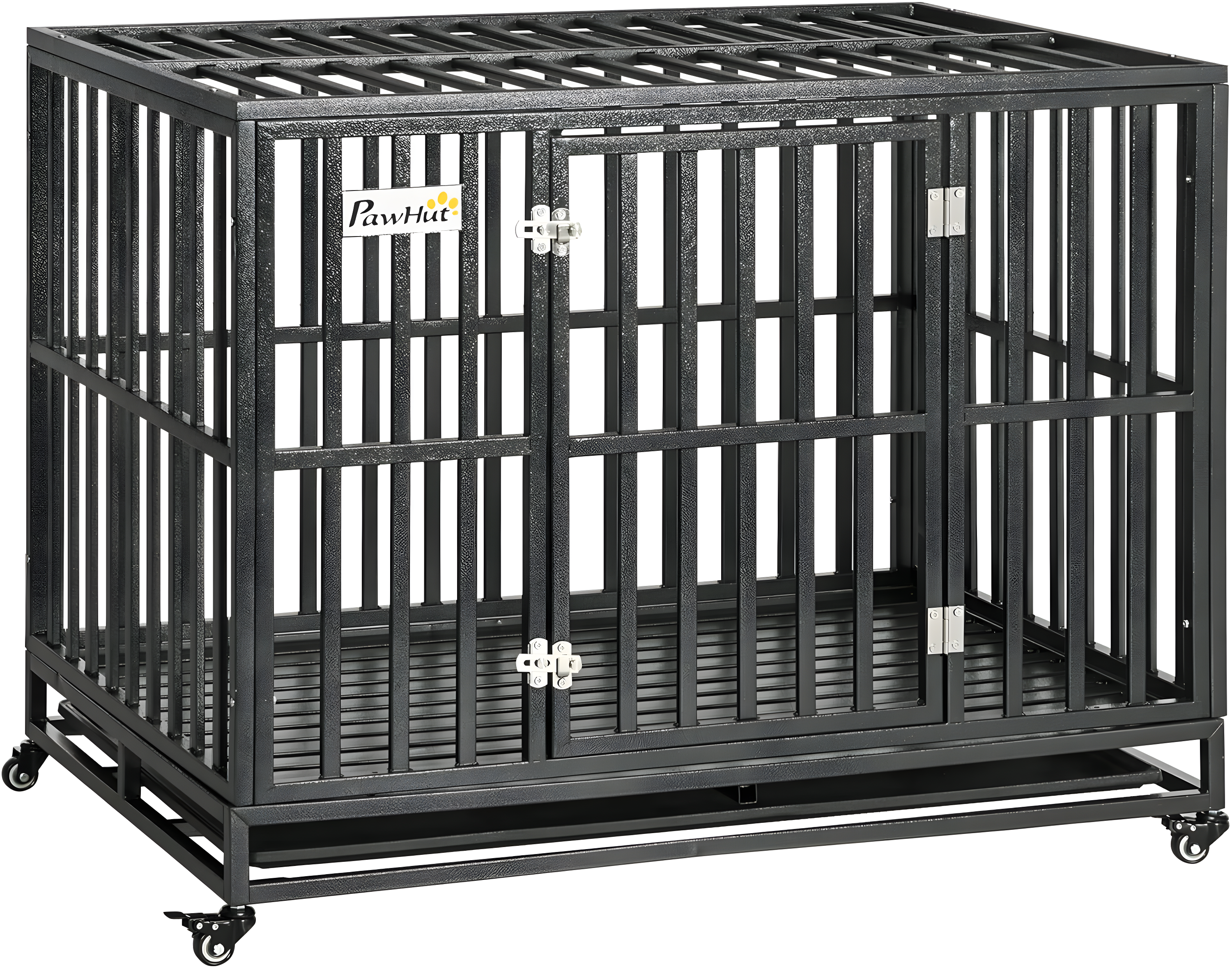 PawHut 44" Heavy Duty Dog Crate Metal Kennel and Cage Dog Playpen with Lockable Wheels, Slide-out Tray and Anti-Pinching Floor