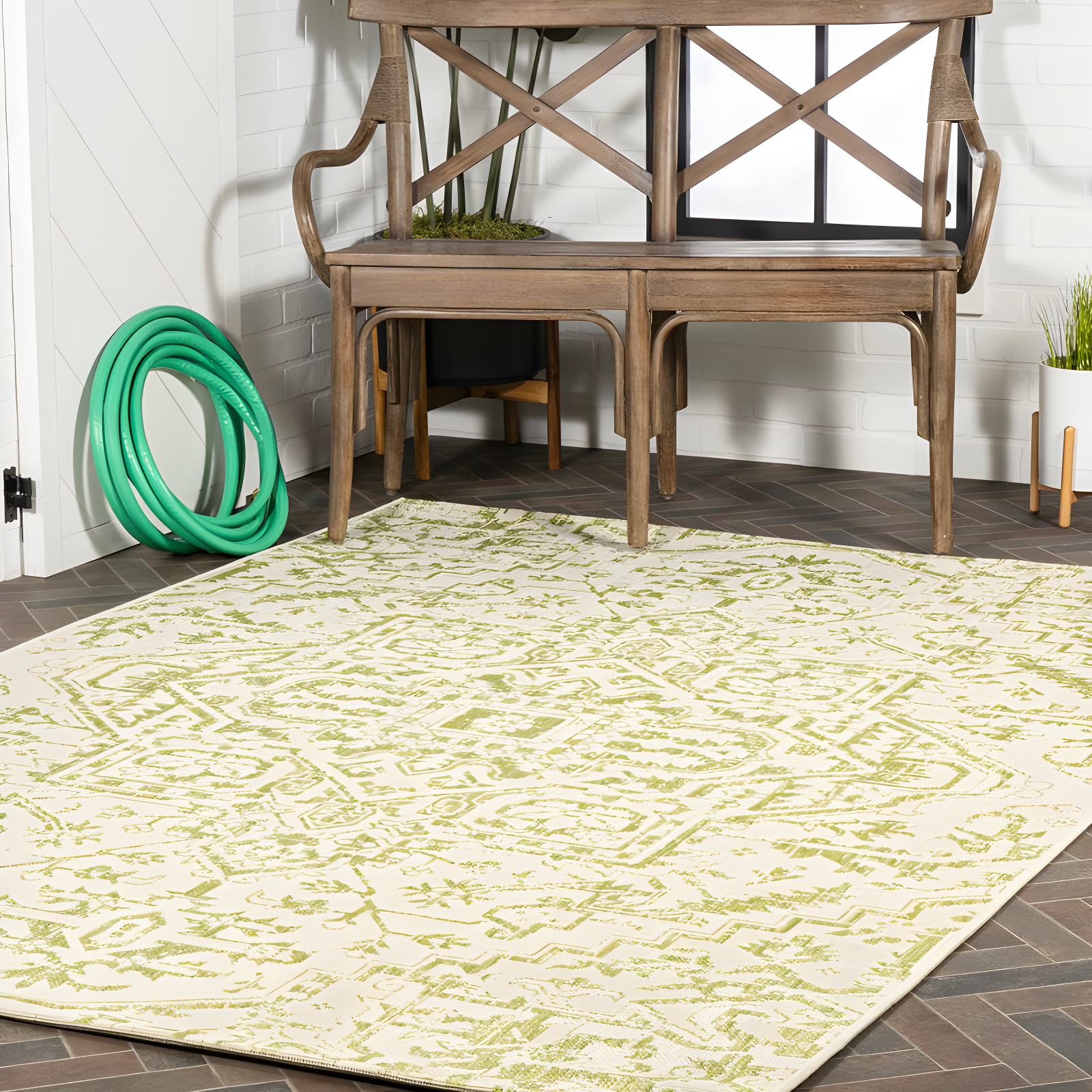 9' x 12' Estrella Bohemian Styled Medallion Textured Weave Indoor/Outdoor Area Rug, Cream/Green - JONATHAN Y