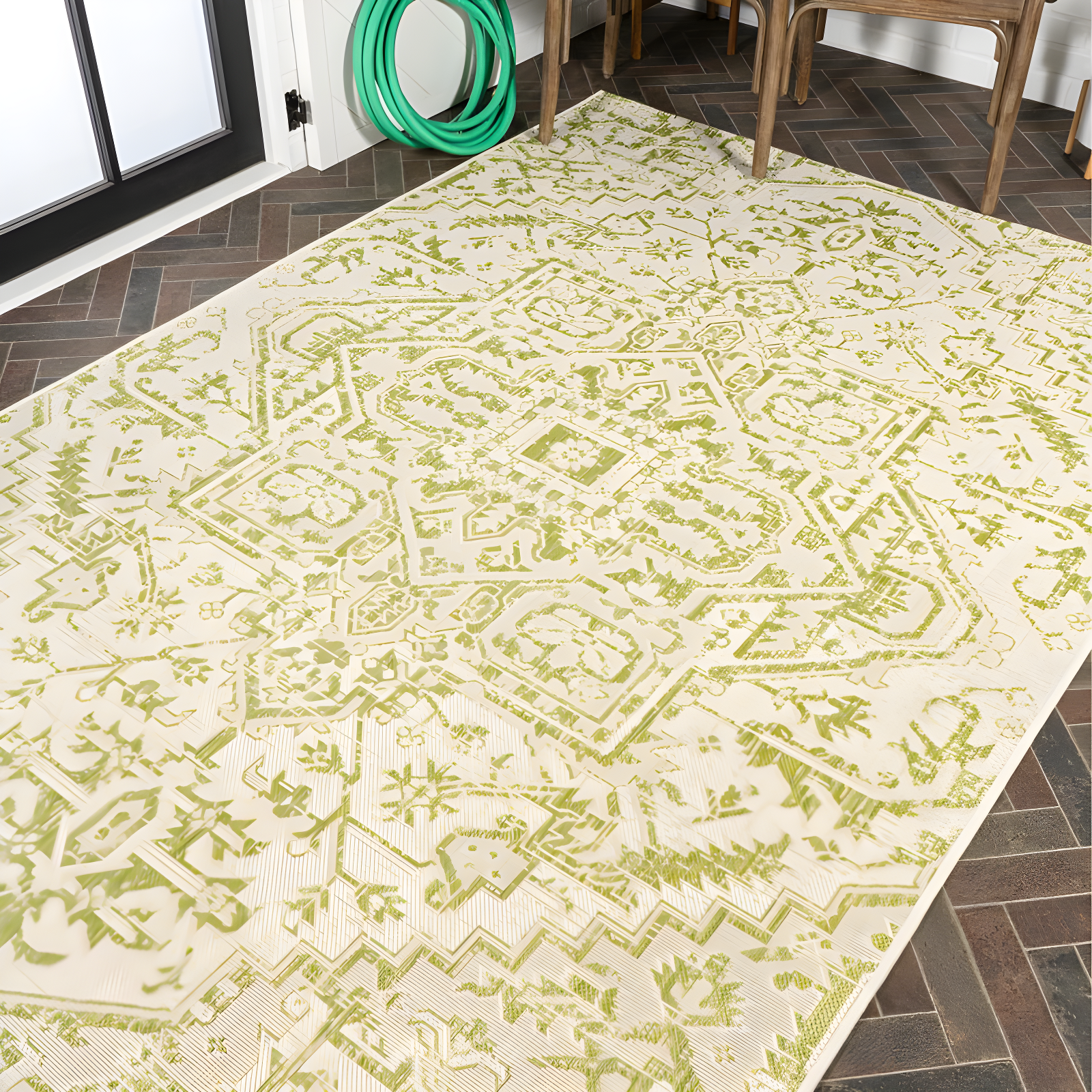 9' x 12' Estrella Bohemian Styled Medallion Textured Weave Indoor/Outdoor Area Rug, Cream/Green - JONATHAN Y
