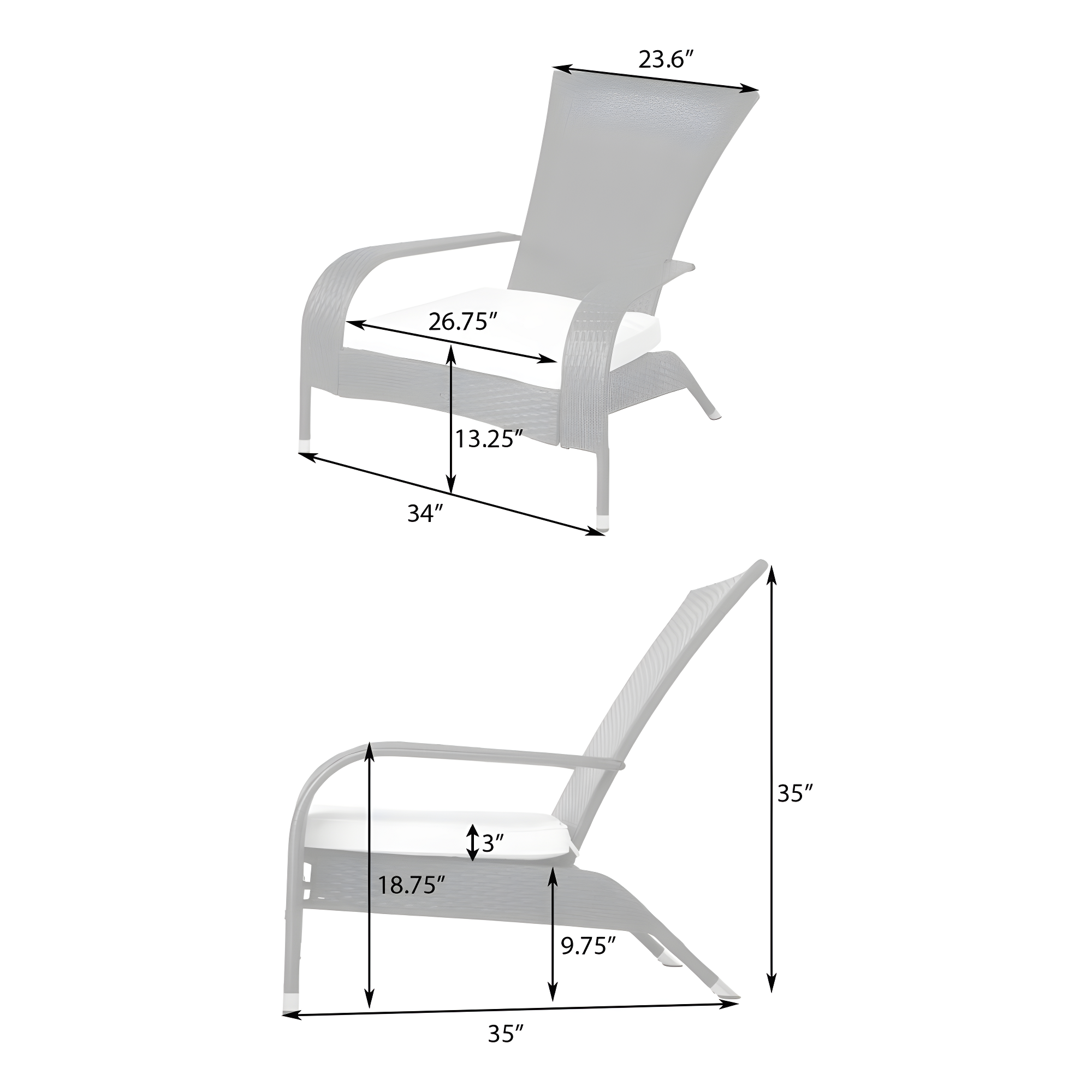 PatioSense Patio Sense Coconino Wicker Chair All Weather Adirondack Style Chair Grey Outdoor Cushion Included - Black