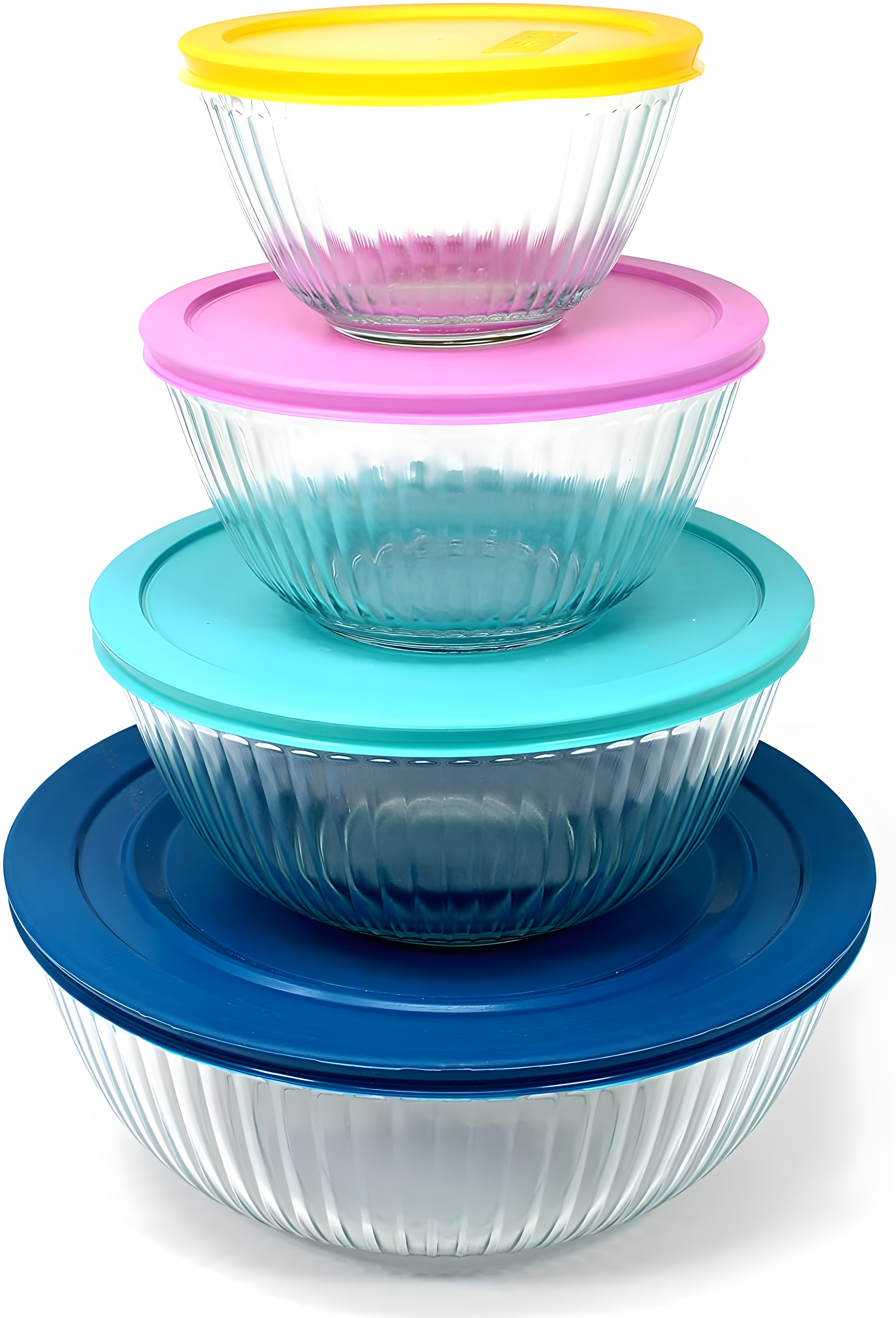 Ribbed Glass Mixing Bowl Set with Assorted Color Lids, 4-Piece