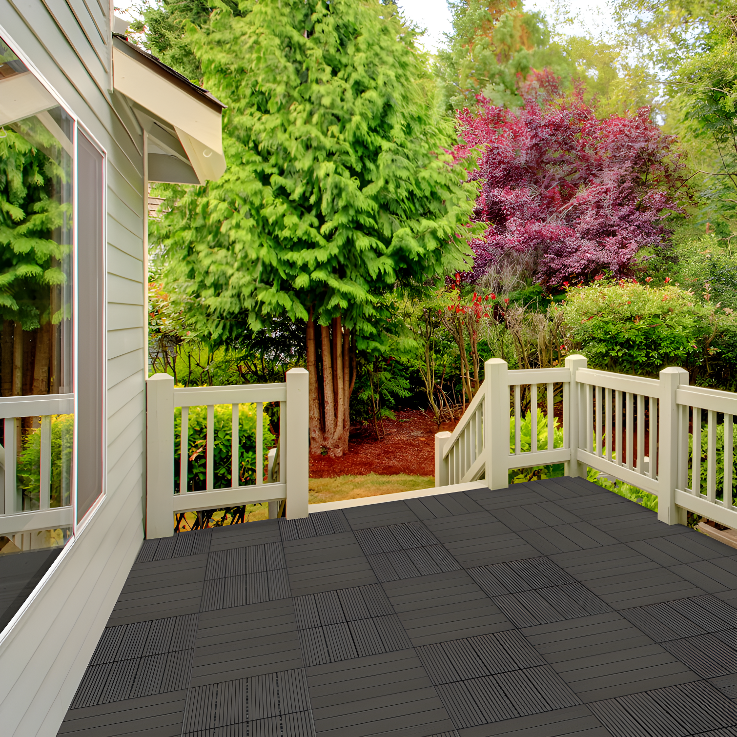 Deck Tiles - 6-Pack Wood Plastic Composite Interlocking Patio Tiles - 5.8SQFT Outdoor Flooring for Balcony, Porch, and Garage by Pure Garden