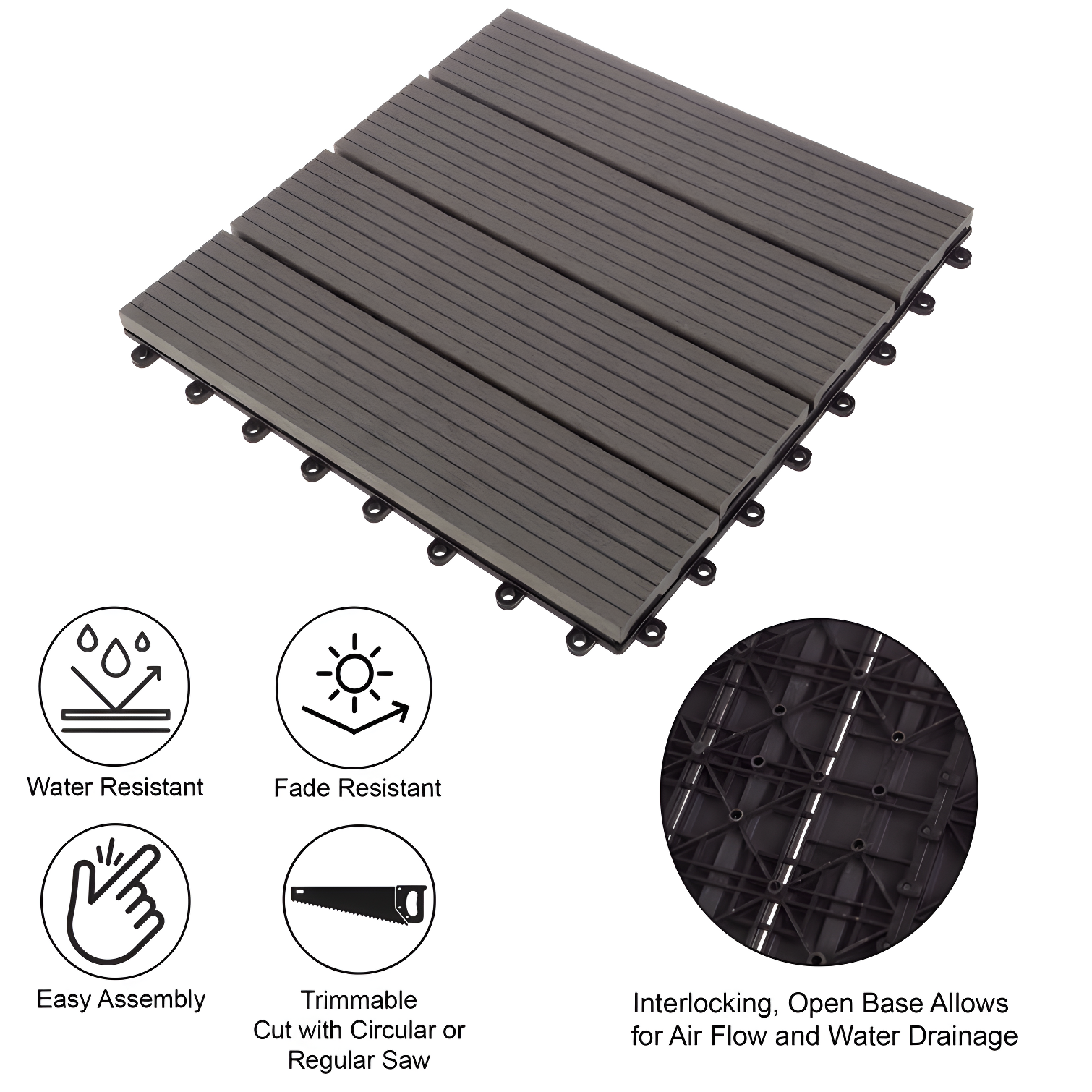 Deck Tiles - 6-Pack Wood Plastic Composite Interlocking Patio Tiles - 5.8SQFT Outdoor Flooring for Balcony, Porch, and Garage by Pure Garden