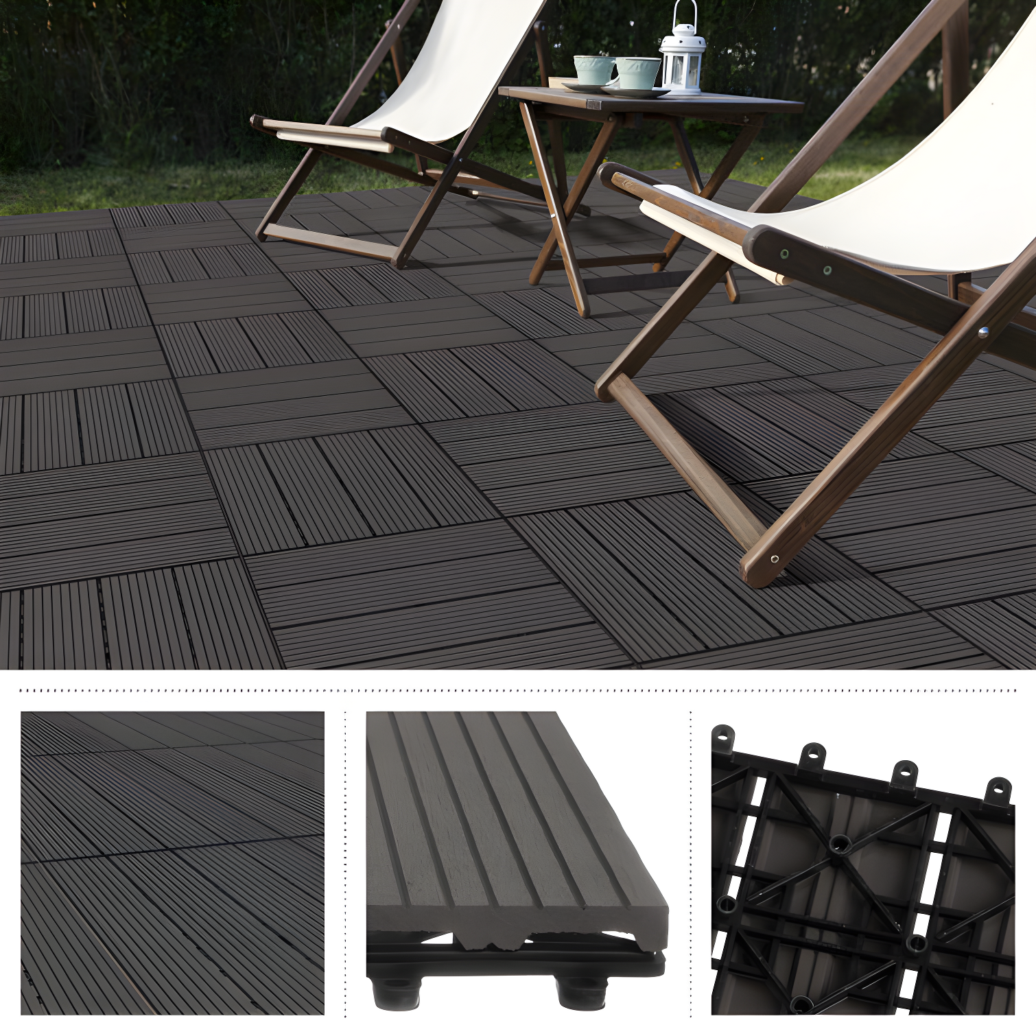 Deck Tiles - 6-Pack Wood Plastic Composite Interlocking Patio Tiles - 5.8SQFT Outdoor Flooring for Balcony, Porch, and Garage by Pure Garden