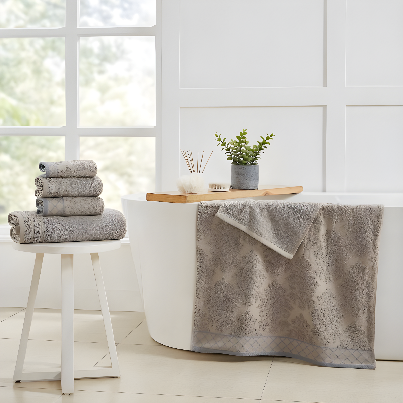 Modern Threads Modern Threads 6-Piece Damask Jacquard/Solid Ultra Soft 550GSM 100% Combed Cotton Towel Set with Embellished Borders