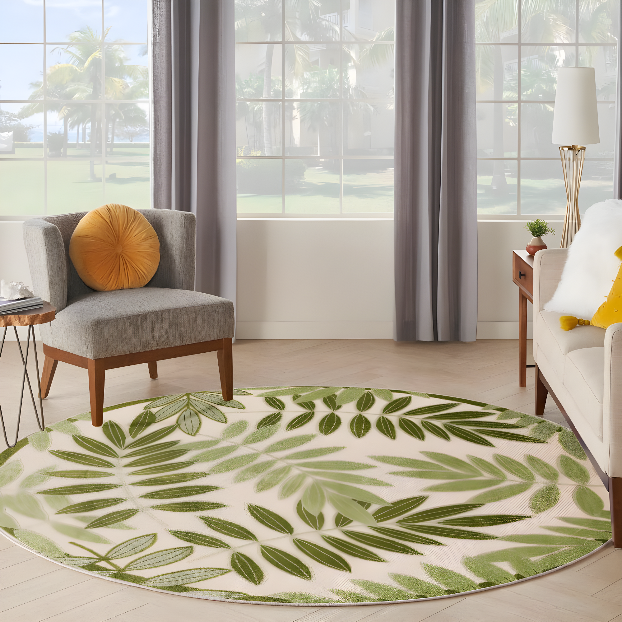 Nourison Aloha Floral Leaf Flatweave High-Low Indoor Outdoor Round Rug Ivory Green 5'3" x 5'3"