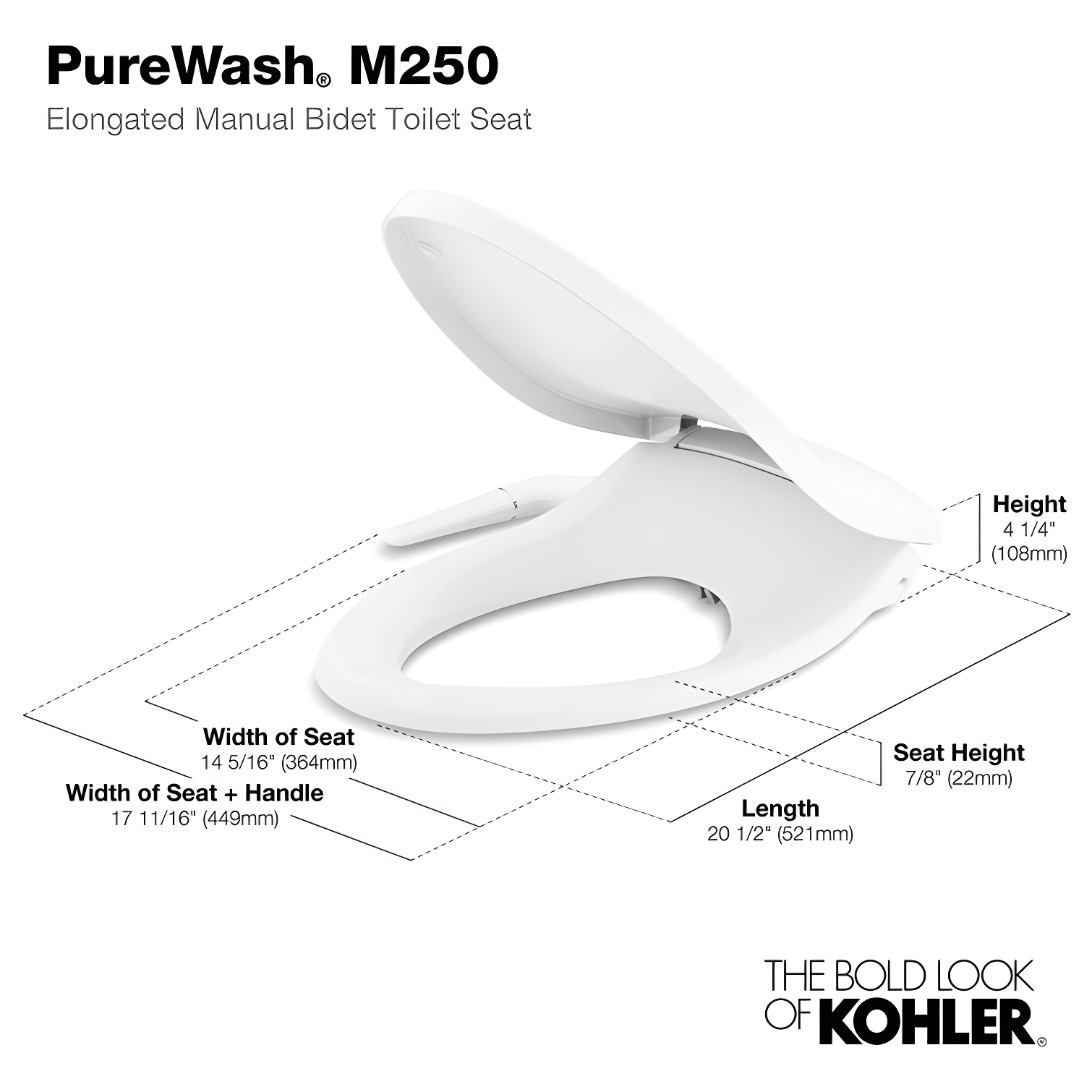 PureWash M250 Elongated Bidet Toliet Seat, Manual Non-Electric Bidets for Existing Toilets