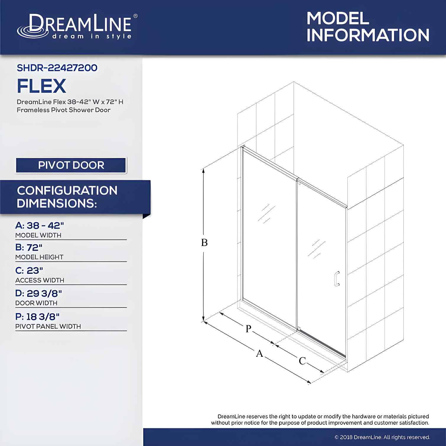 Flex 38" W x 72" H Pivot Semi-Frameless Shower Door