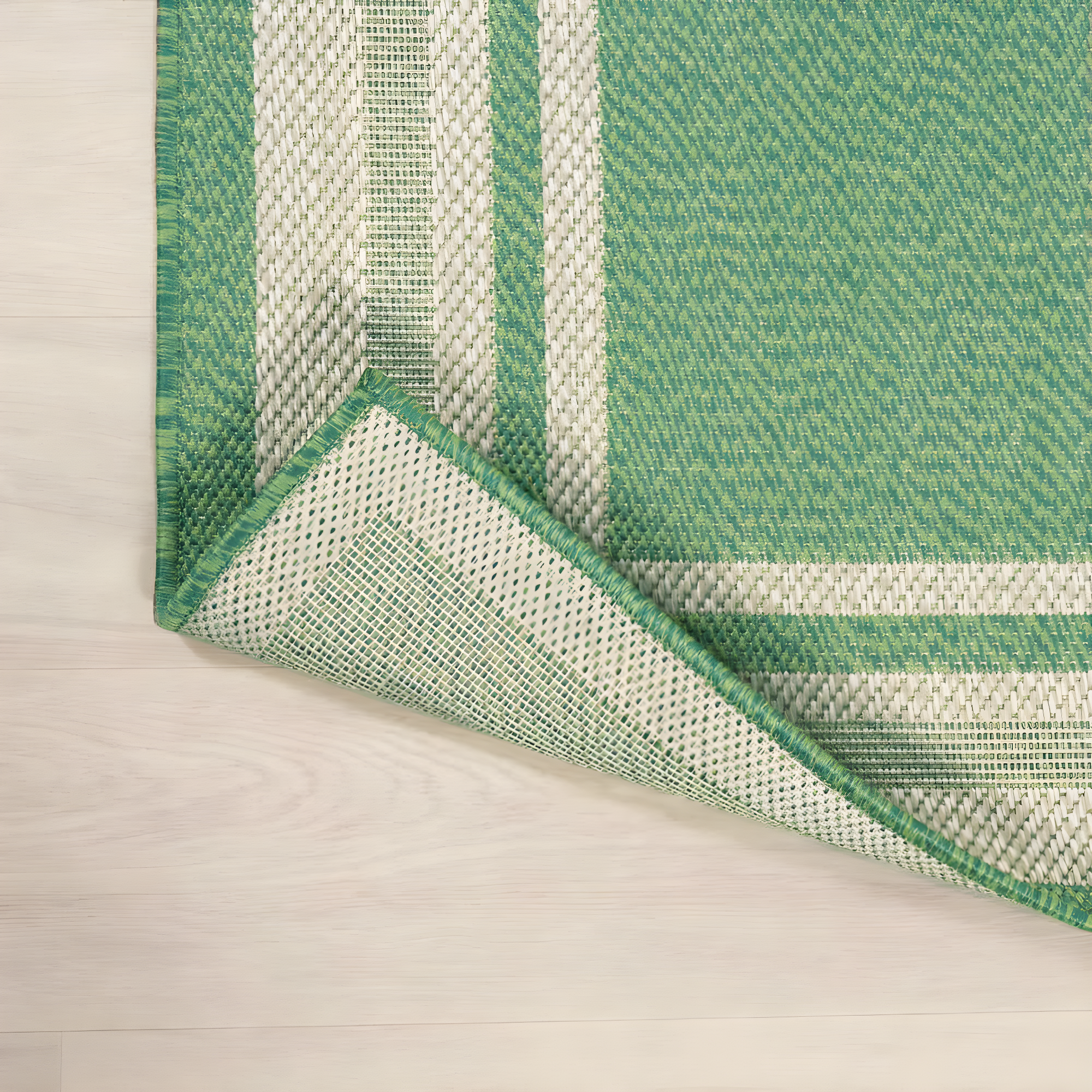 2' x 8' James Modern Border Stripe Indoor/Outdoor Runner Rug, Green/Cream - JONATHAN Y