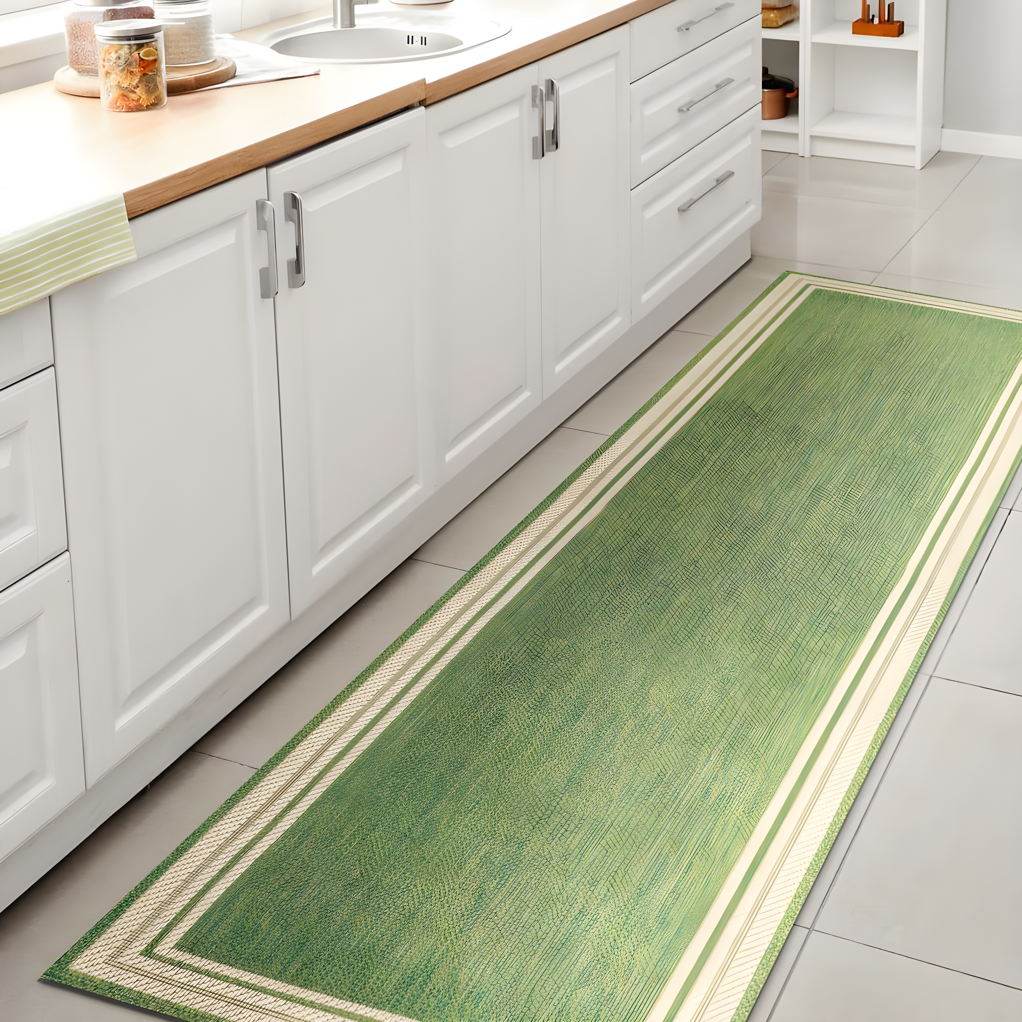 2' x 8' James Modern Border Stripe Indoor/Outdoor Runner Rug, Green/Cream - JONATHAN Y