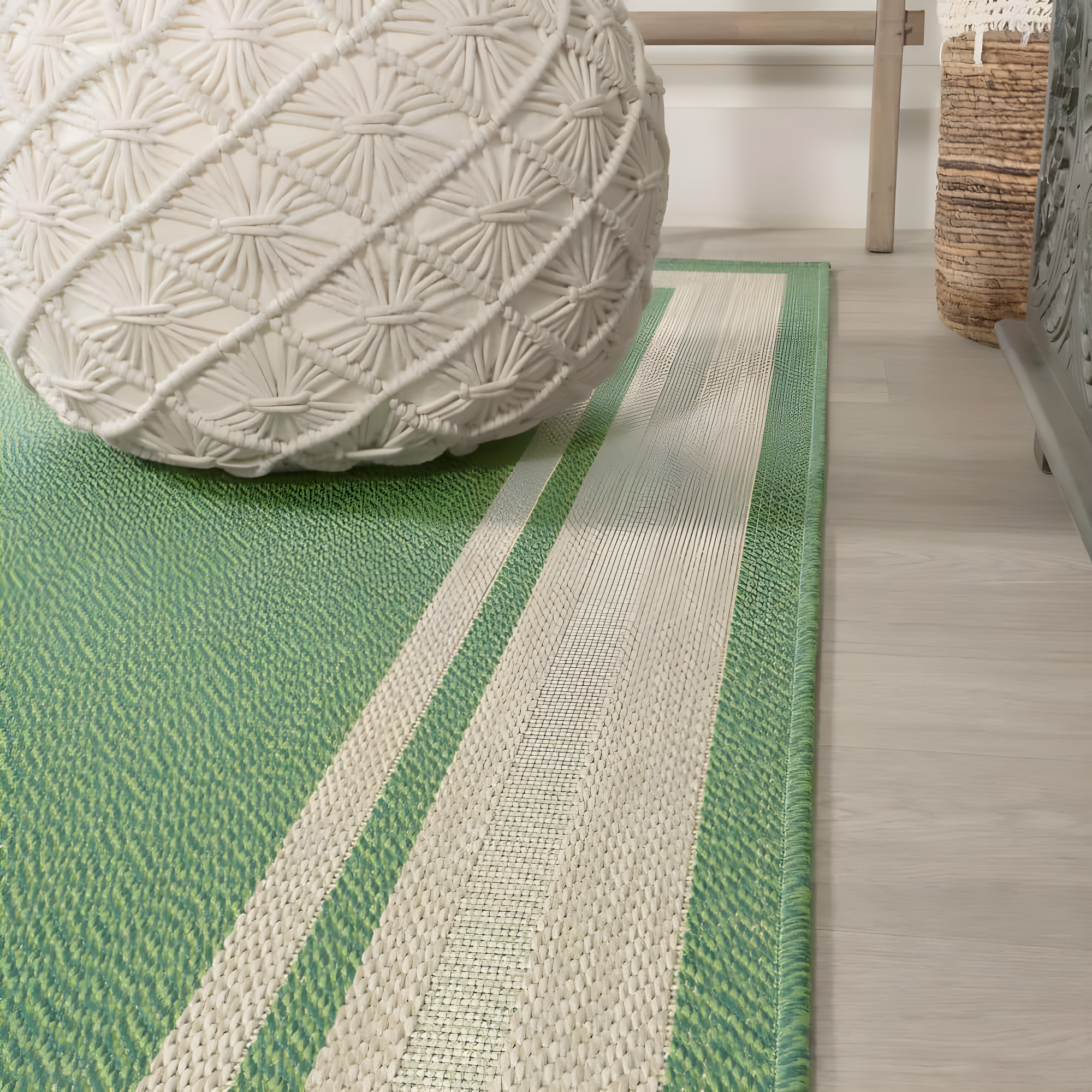 2' x 8' James Modern Border Stripe Indoor/Outdoor Runner Rug, Green/Cream - JONATHAN Y