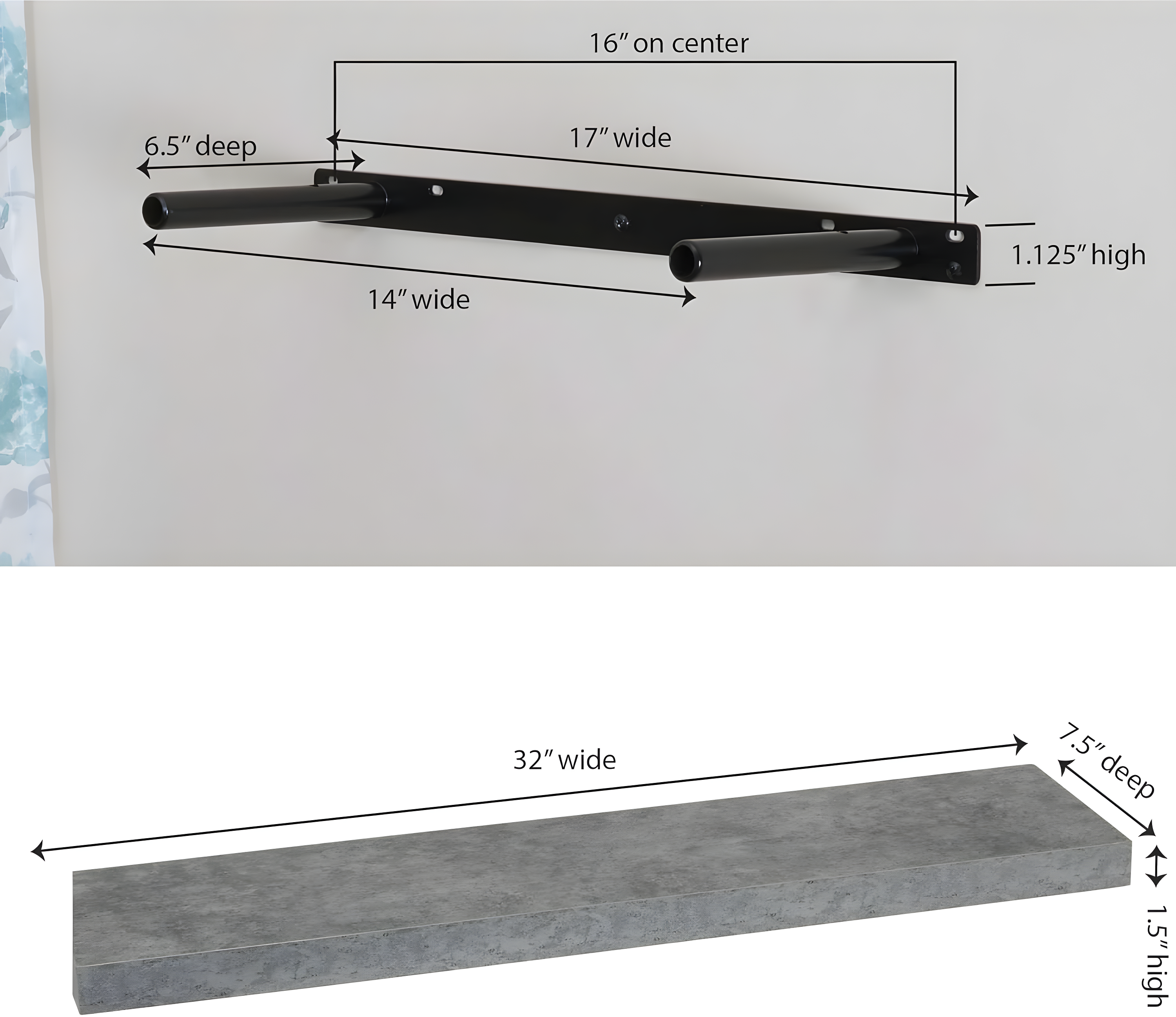 Household Essentials Medium Density Fiberboard Floating Shelf, 7.5" x 32", Gray