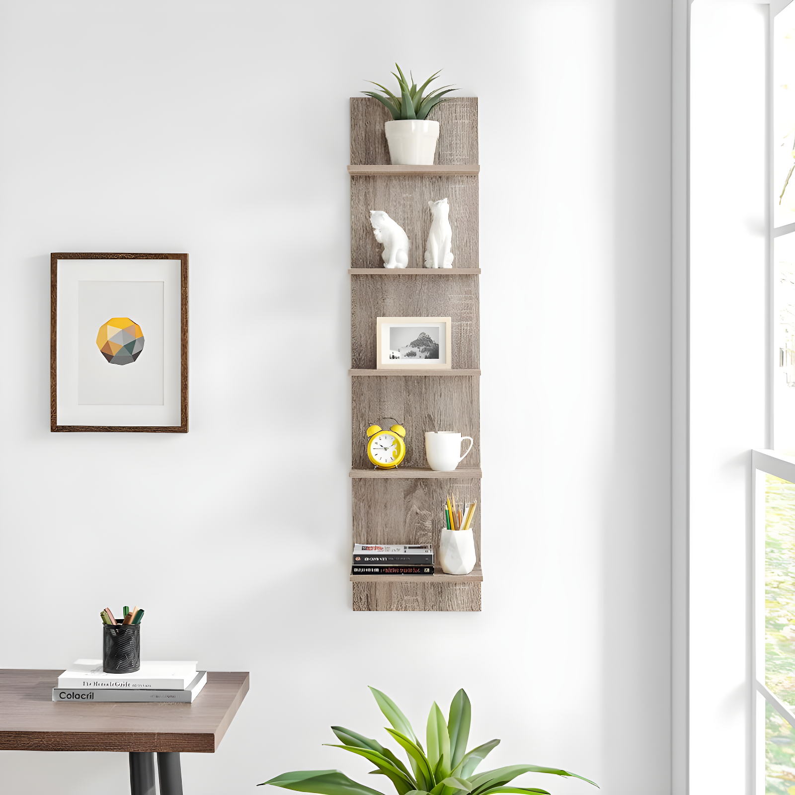 Danya B. 47" x 11.7" Wide Vertical Column Wall Shelf Weathered Oak: Mid-Century Laminated MDF, Iron Hardware