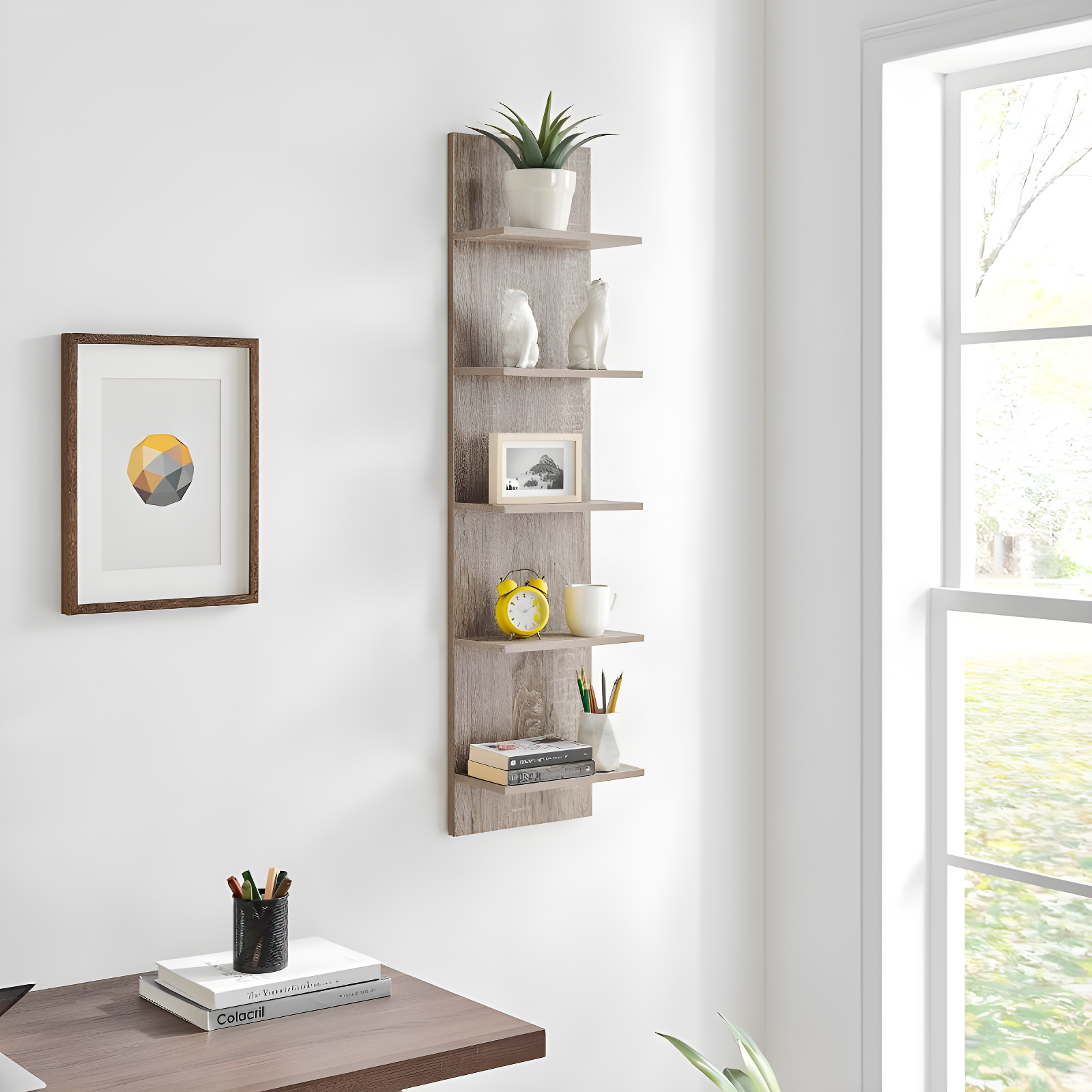 Danya B. 47" x 11.7" Wide Vertical Column Wall Shelf Weathered Oak: Mid-Century Laminated MDF, Iron Hardware