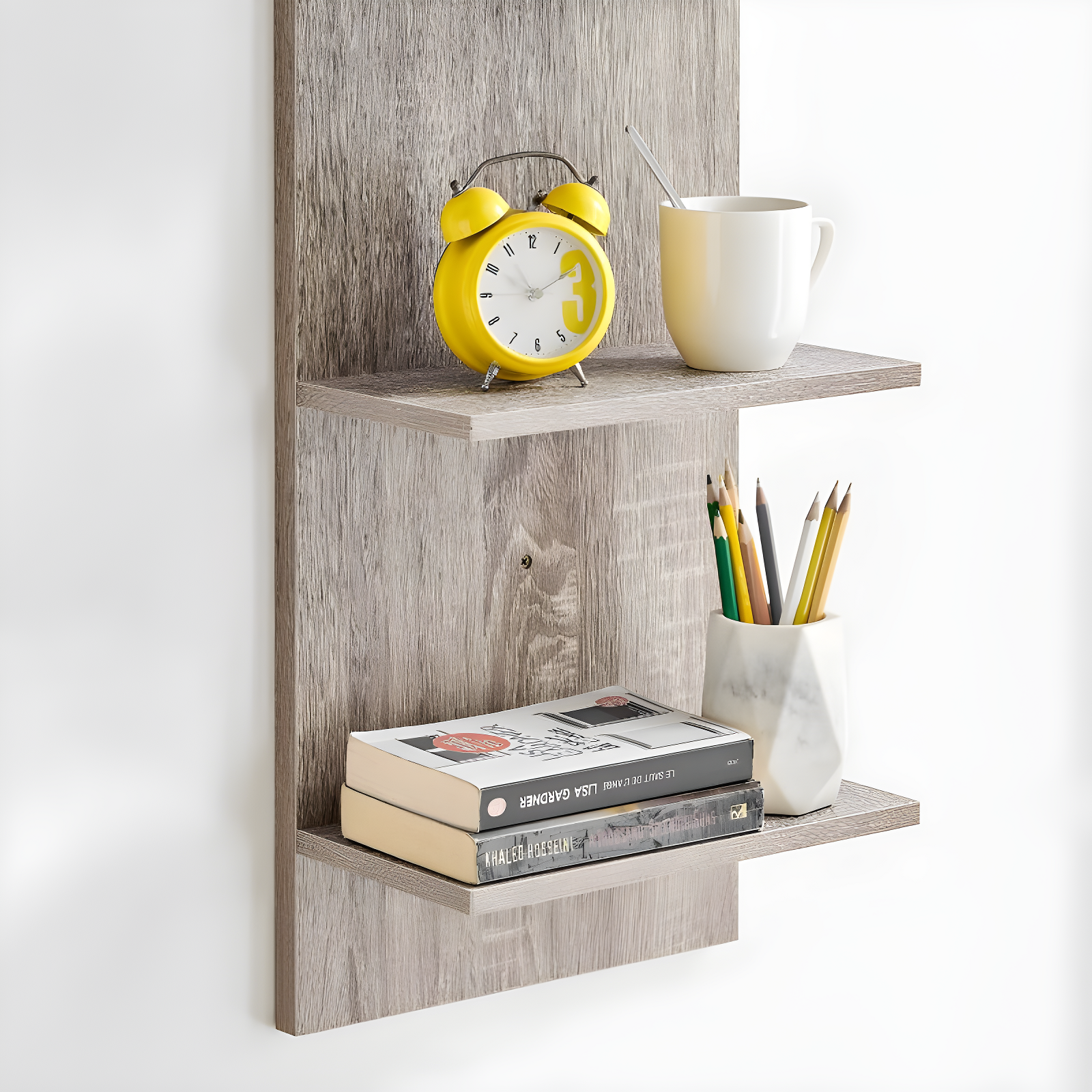 Danya B. 47" x 11.7" Wide Vertical Column Wall Shelf Weathered Oak: Mid-Century Laminated MDF, Iron Hardware