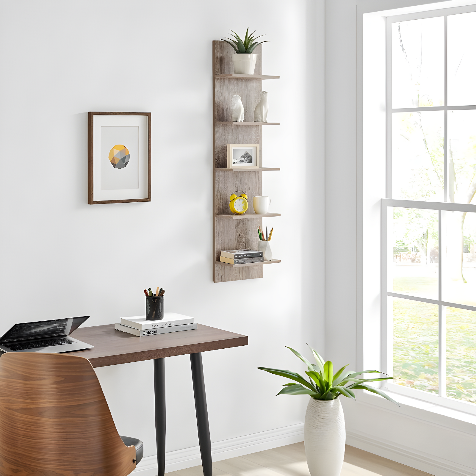 Danya B. 47" x 11.7" Wide Vertical Column Wall Shelf Weathered Oak: Mid-Century Laminated MDF, Iron Hardware