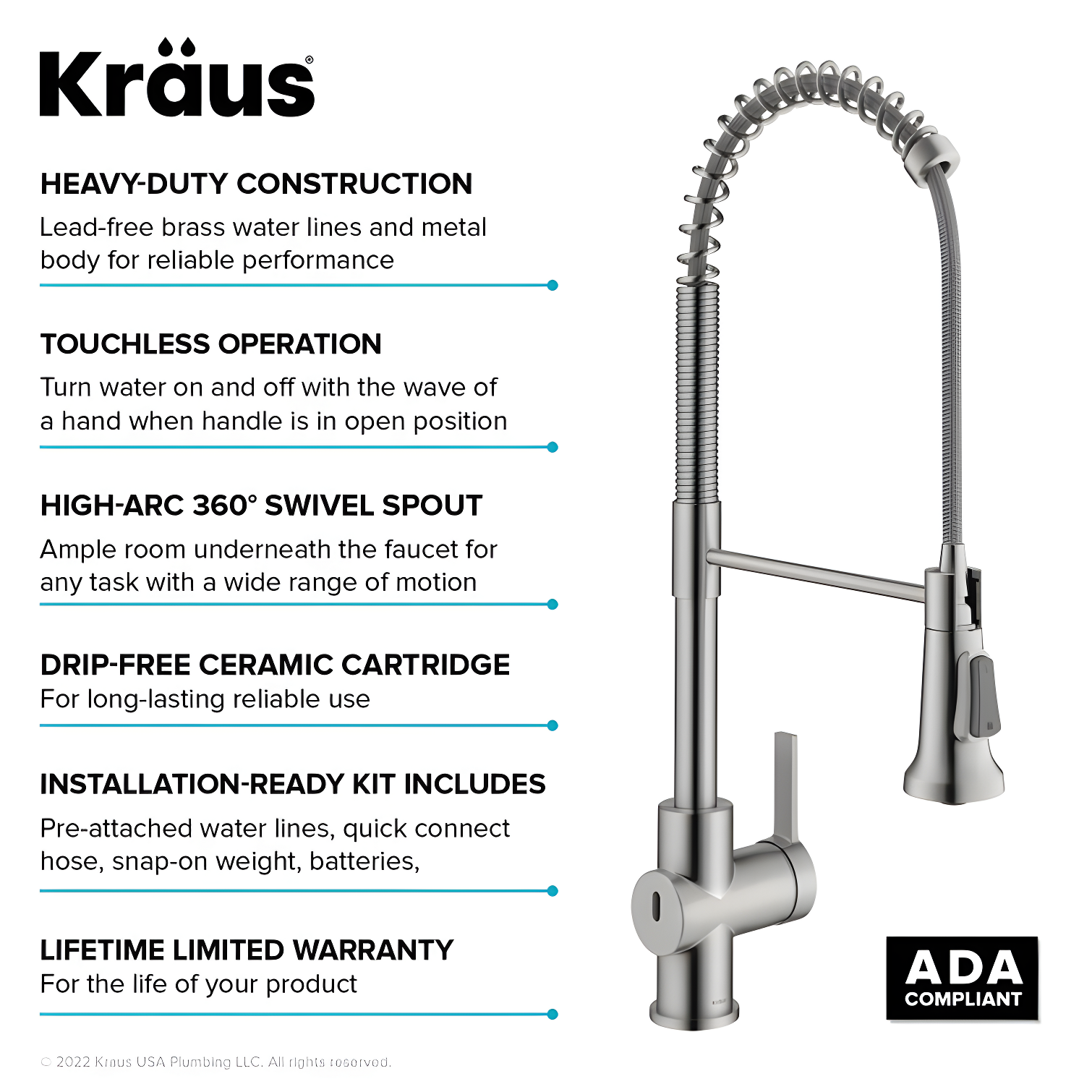 KRAUS Britt Touchless Sensor Commercial Single Handle Pull Down Kitchen Faucet