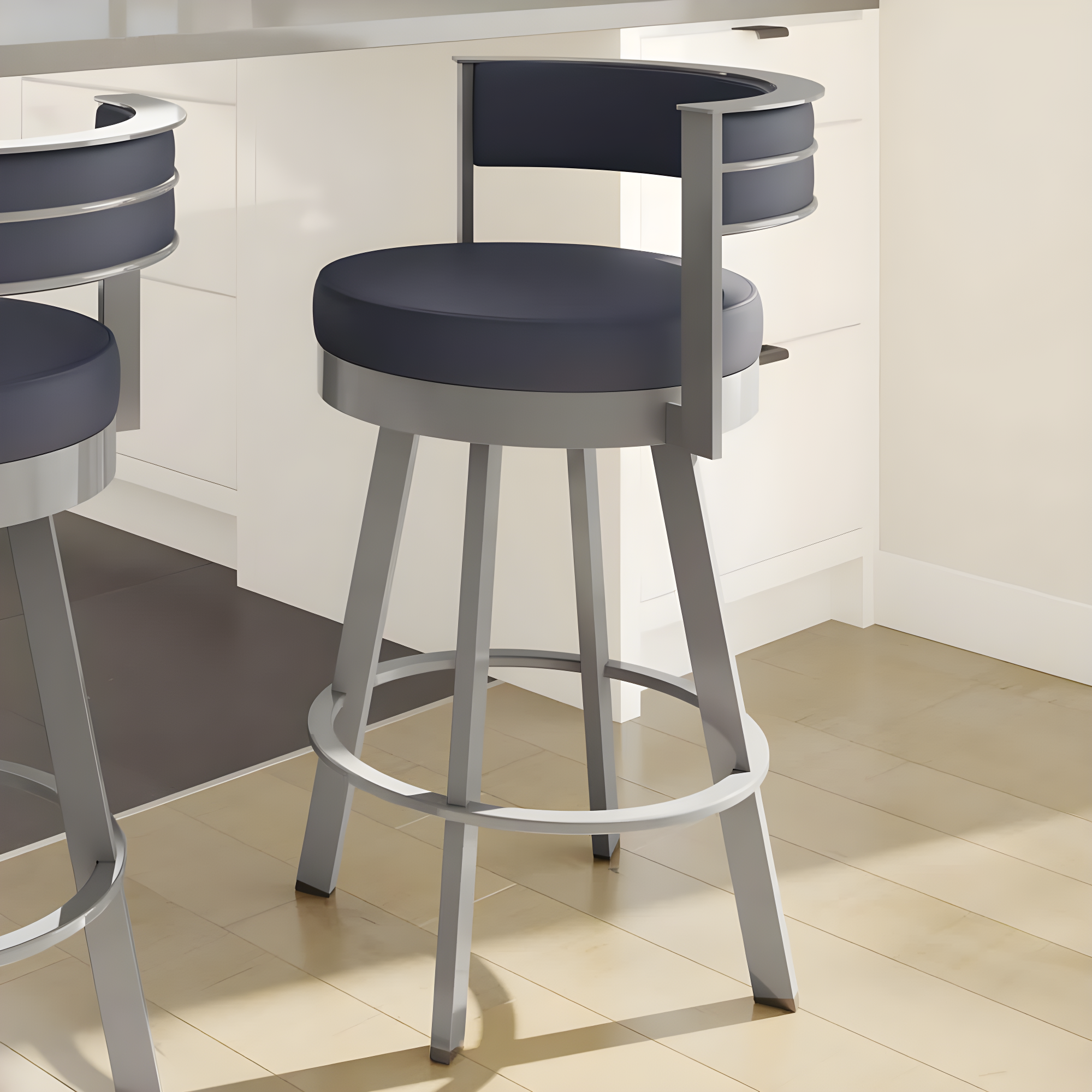 26.13" Amisco Browser Swivel Counter Height Barstool: Upholstered, Metal Frame, Footrest - Navy/Glossy Gray