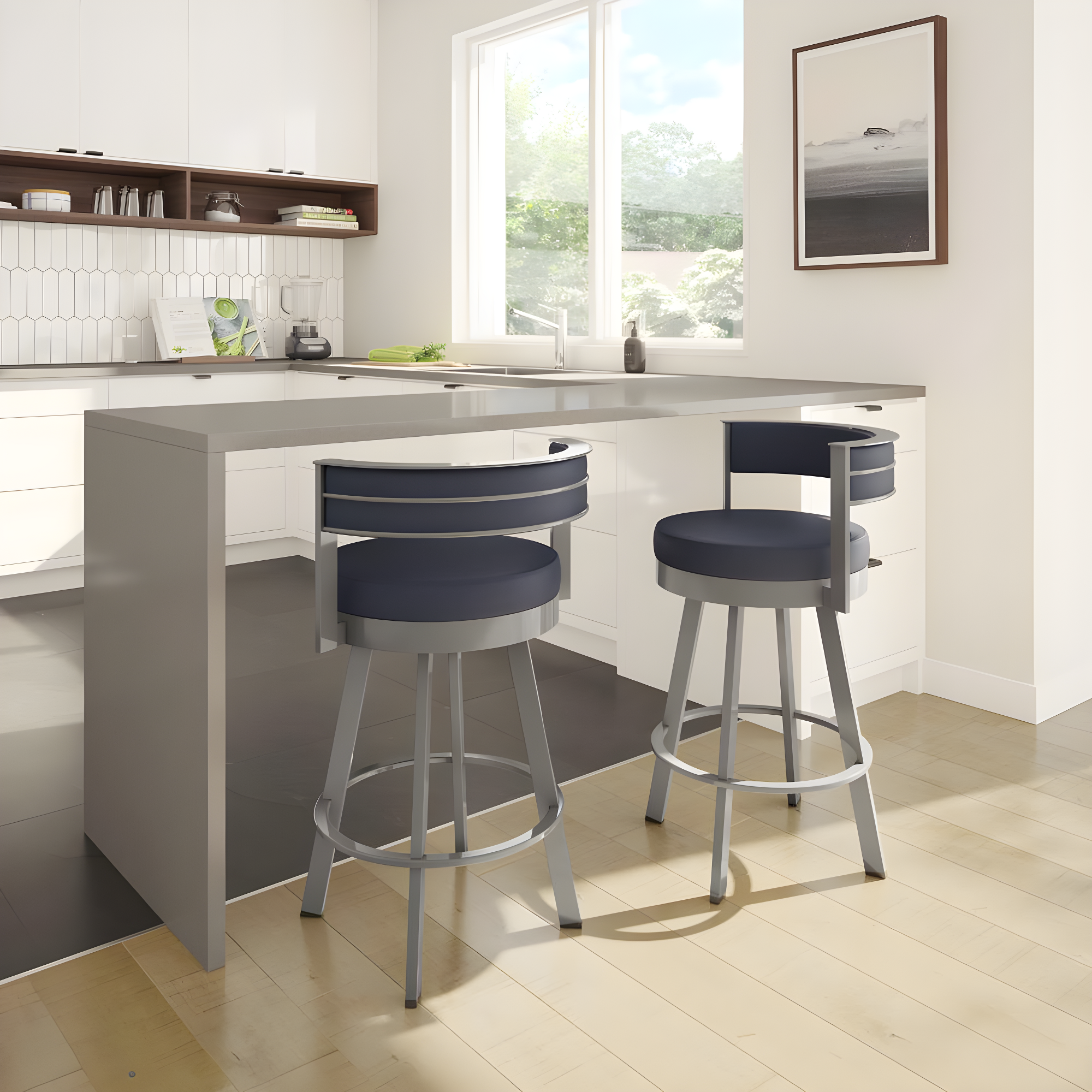 26.13" Amisco Browser Swivel Counter Height Barstool: Upholstered, Metal Frame, Footrest - Navy/Glossy Gray