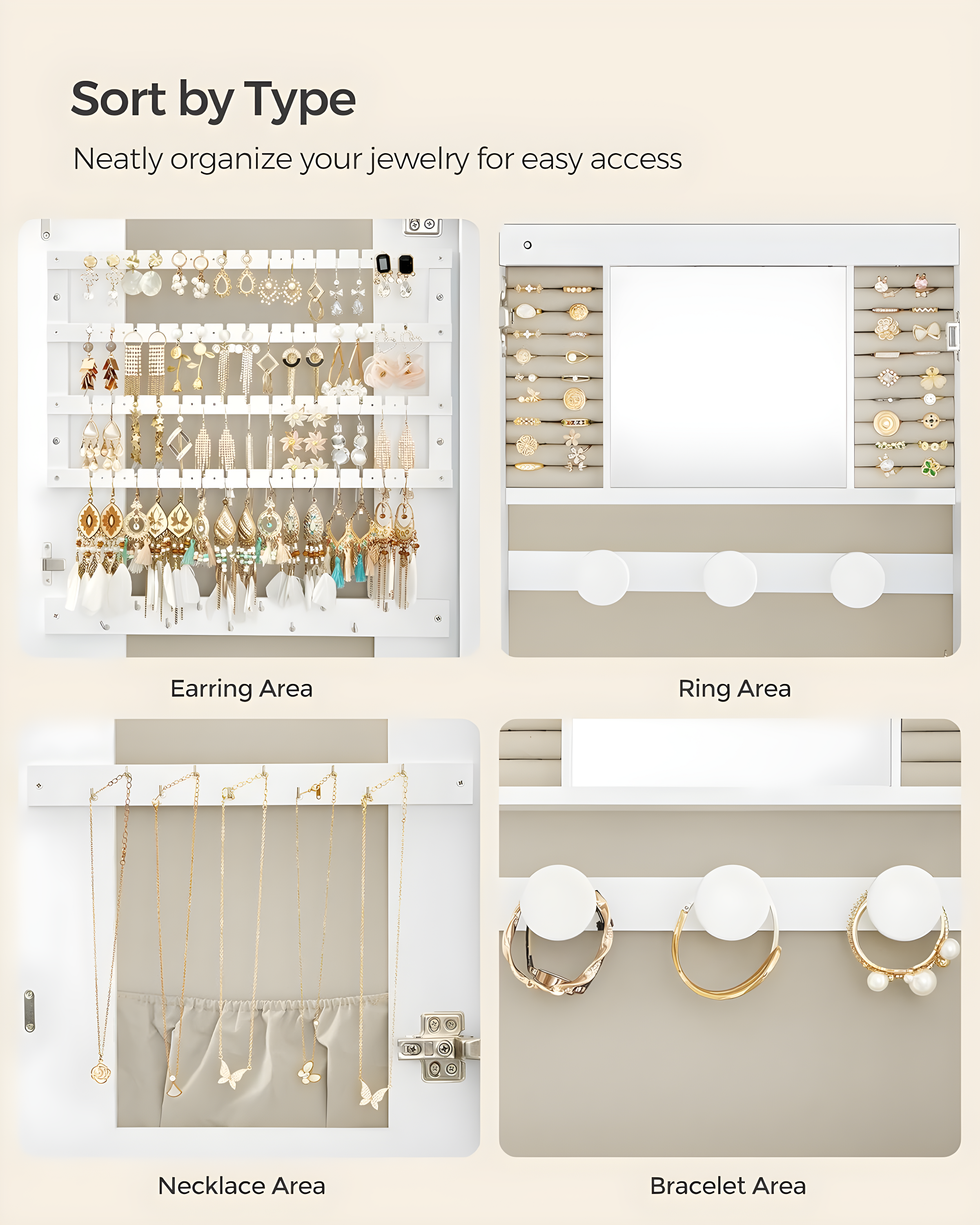 Mirror Jewelry Armoire Jewelry Cabinet Organizer Mirror with Storage Age 18 Greige Lining White