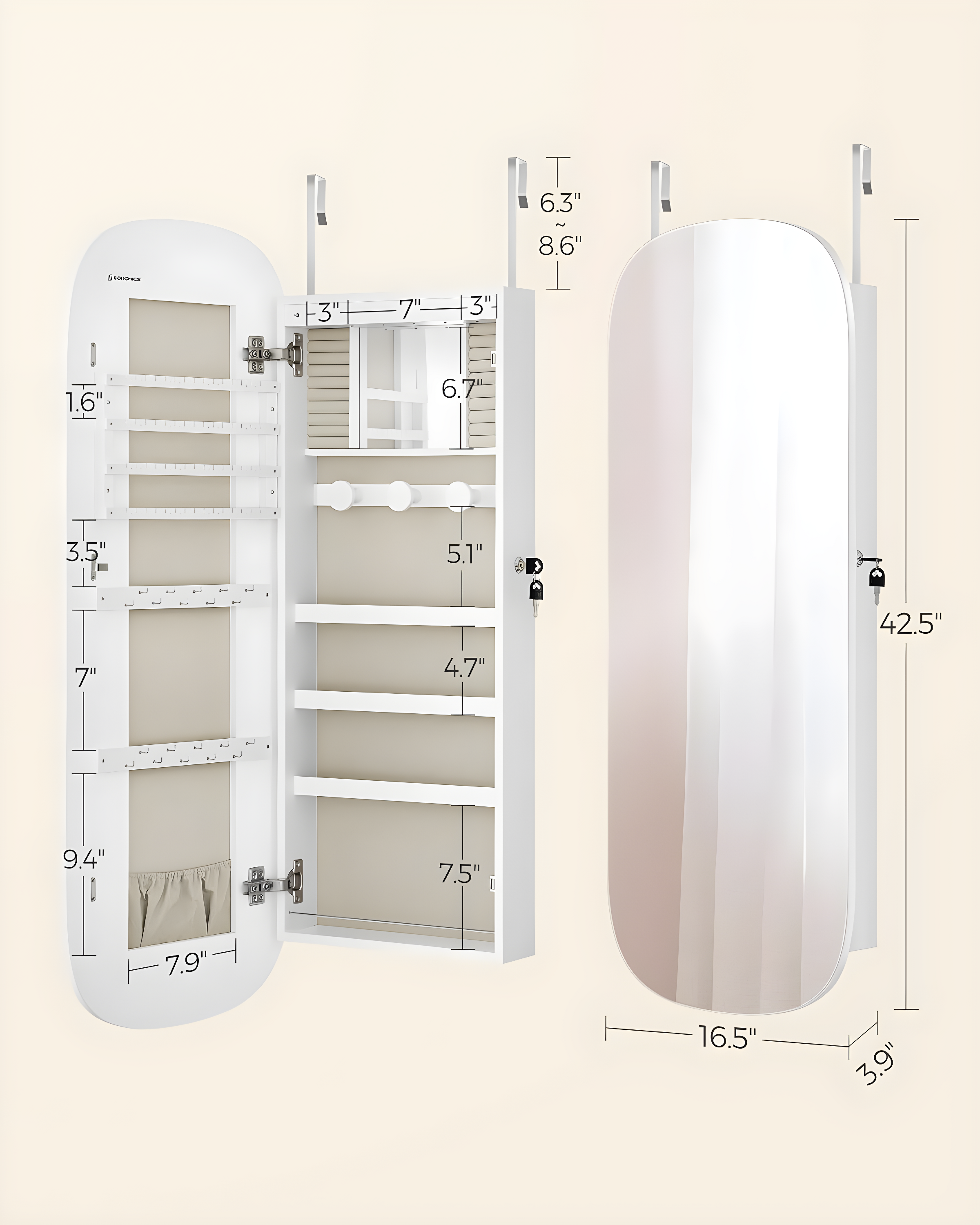 Mirror Jewelry Armoire Jewelry Cabinet Organizer Mirror with Storage Age 18 Greige Lining White