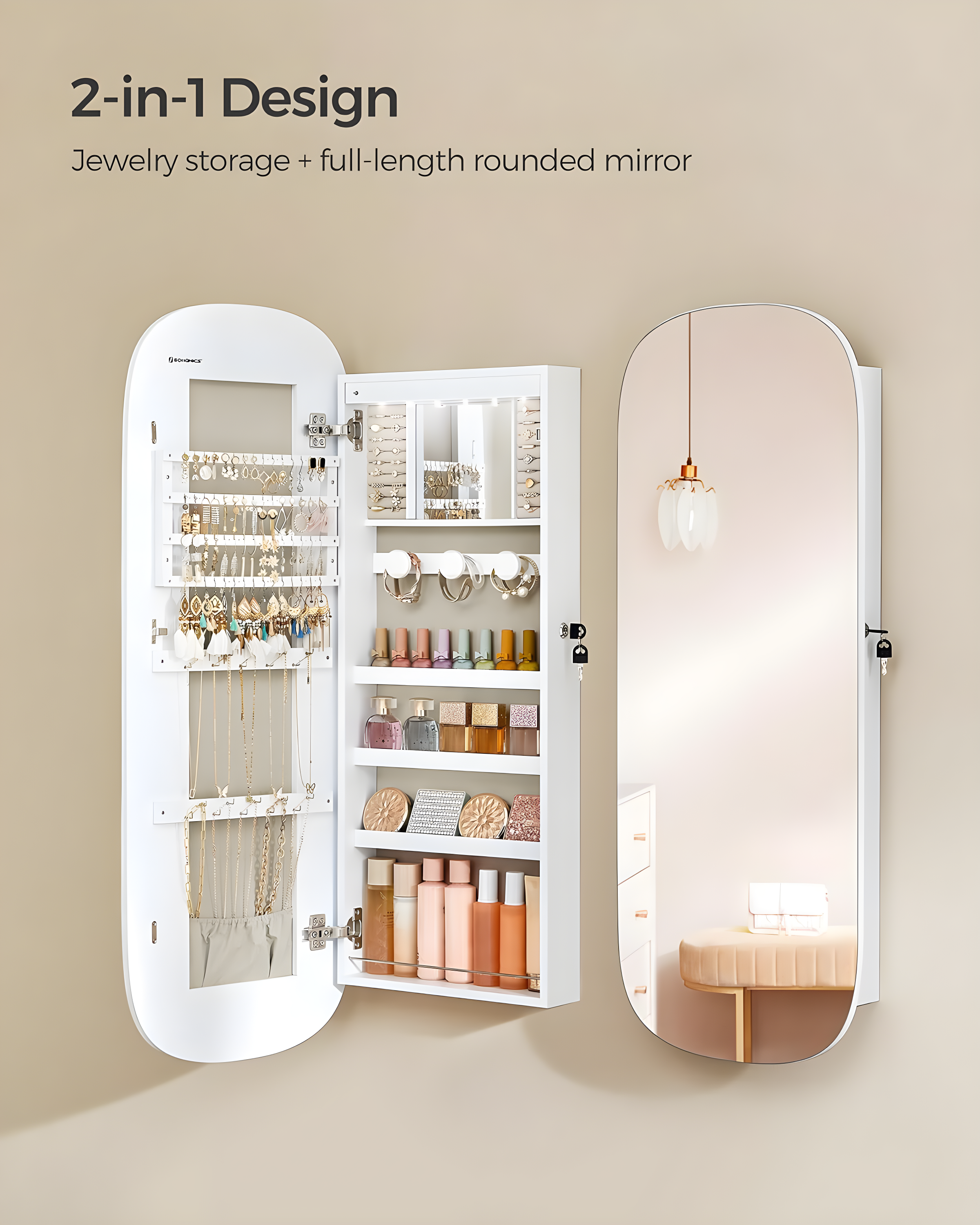 Mirror Jewelry Armoire Jewelry Cabinet Organizer Mirror with Storage Age 18 Greige Lining White