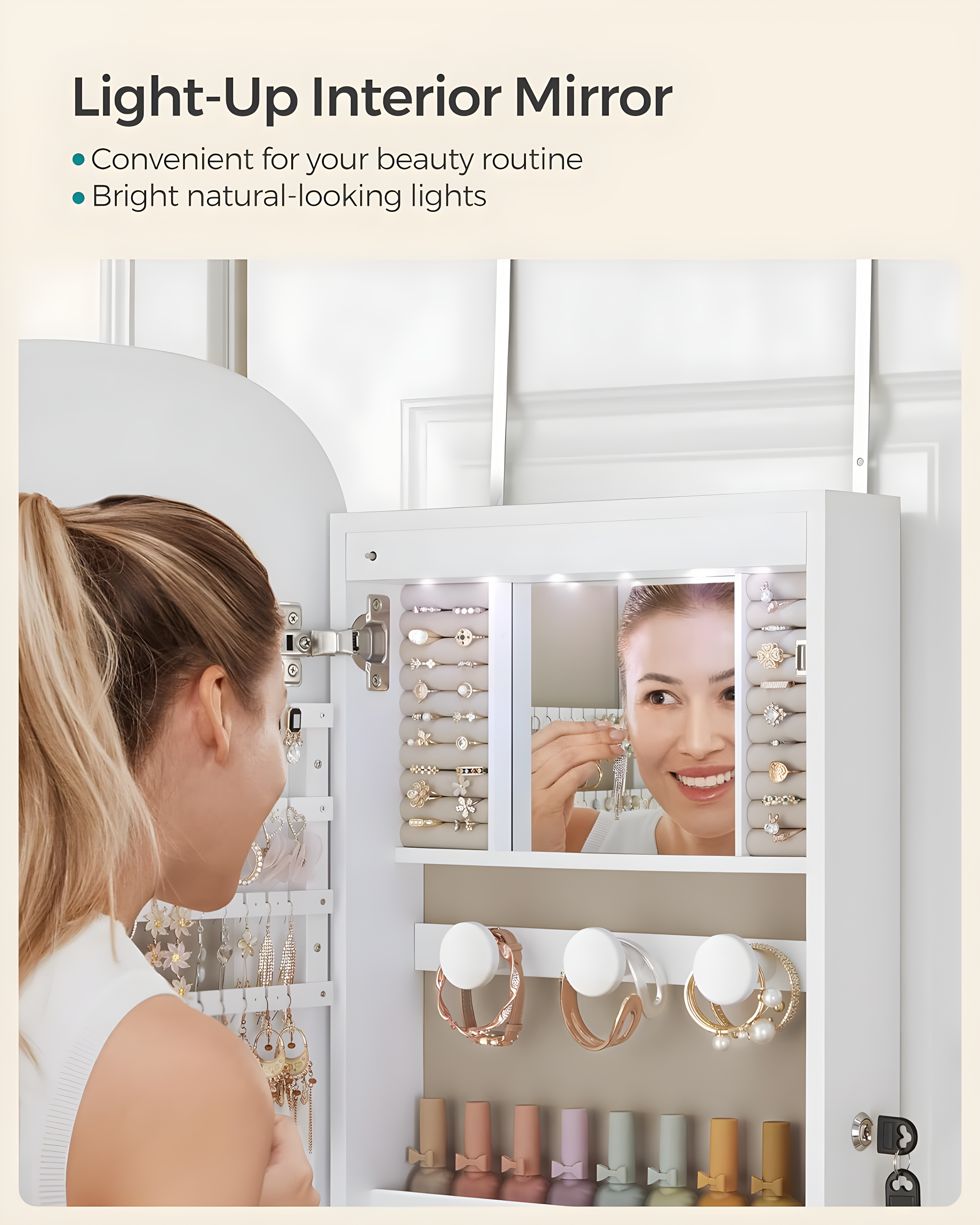 Mirror Jewelry Armoire Jewelry Cabinet Organizer Mirror with Storage Age 18 Greige Lining White