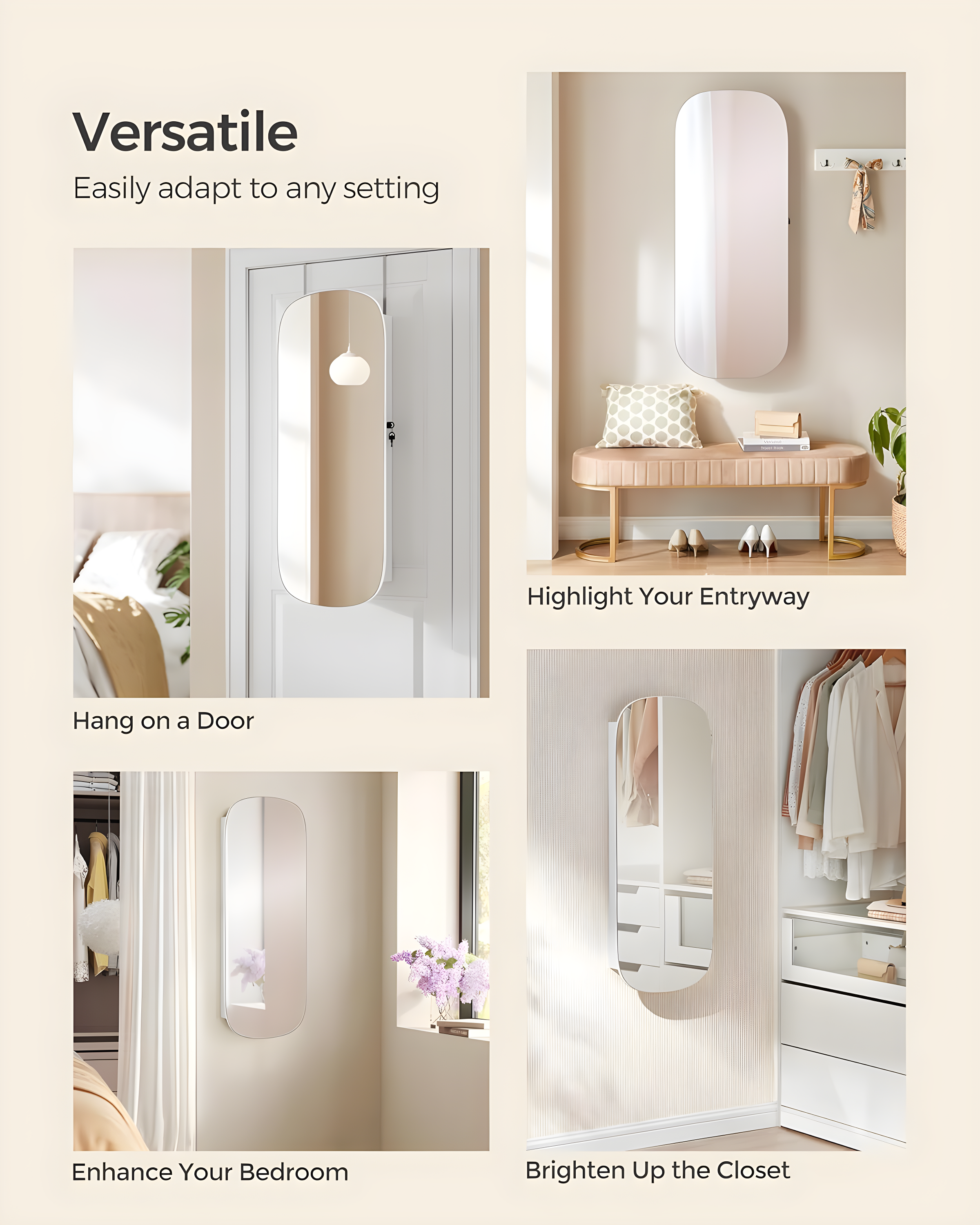 Mirror Jewelry Armoire Jewelry Cabinet Organizer Mirror with Storage Age 18 Greige Lining White