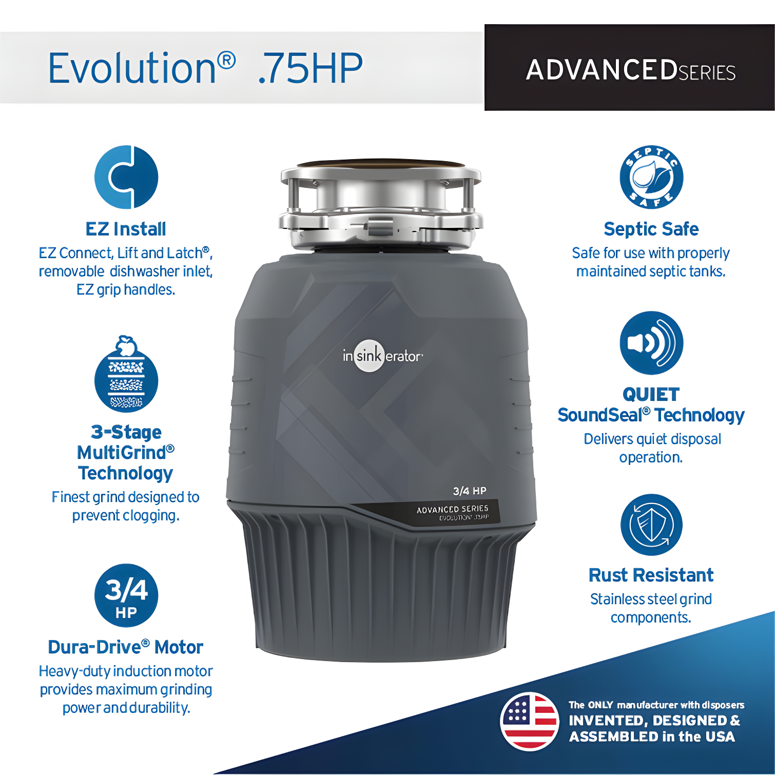 Evolution 0.75HP, 3/4 HP Garbage Disposal, Advanced Series Continuous Feed Food Waste Disposer