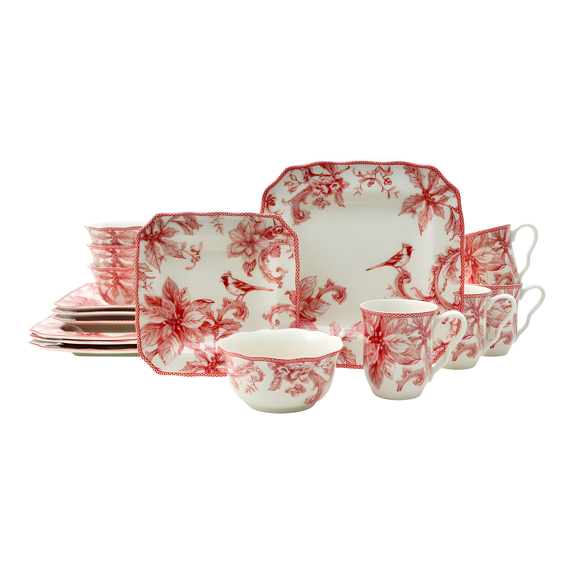 222 Fifth 222 Fifth Christmas Lane Red 16-Piece Porcelain Dinnerware Set - Service For 4, Plates, Bowls & Mugs