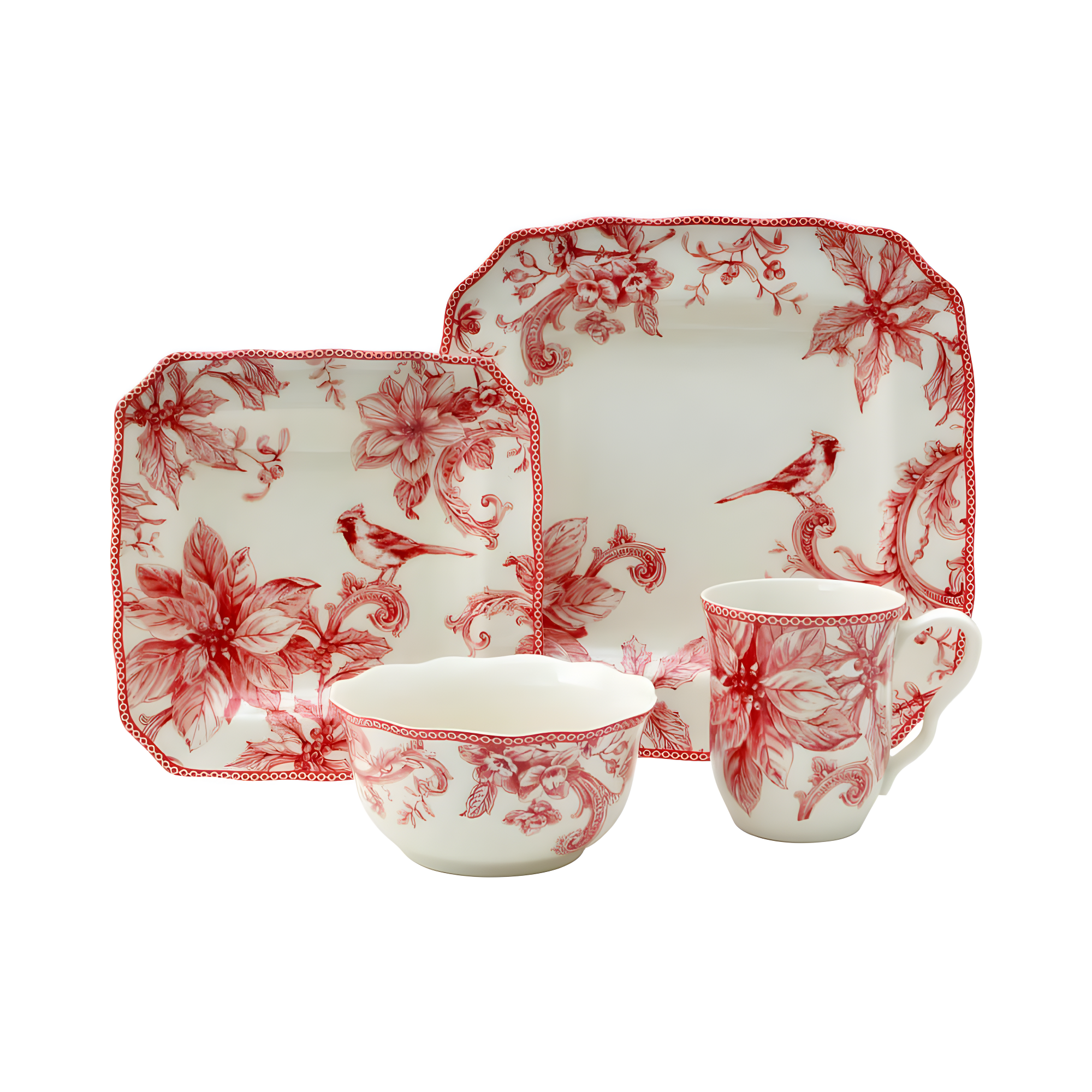 222 Fifth 222 Fifth Christmas Lane Red 16-Piece Porcelain Dinnerware Set - Service For 4, Plates, Bowls & Mugs